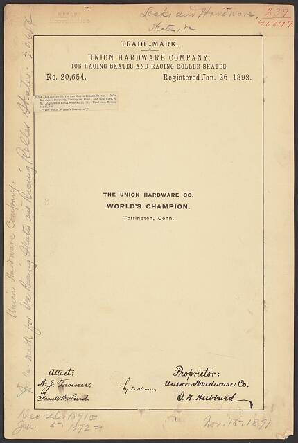 Torrington Connecticut Union Hardware Co Trademark 1892 Ice Racing Skates