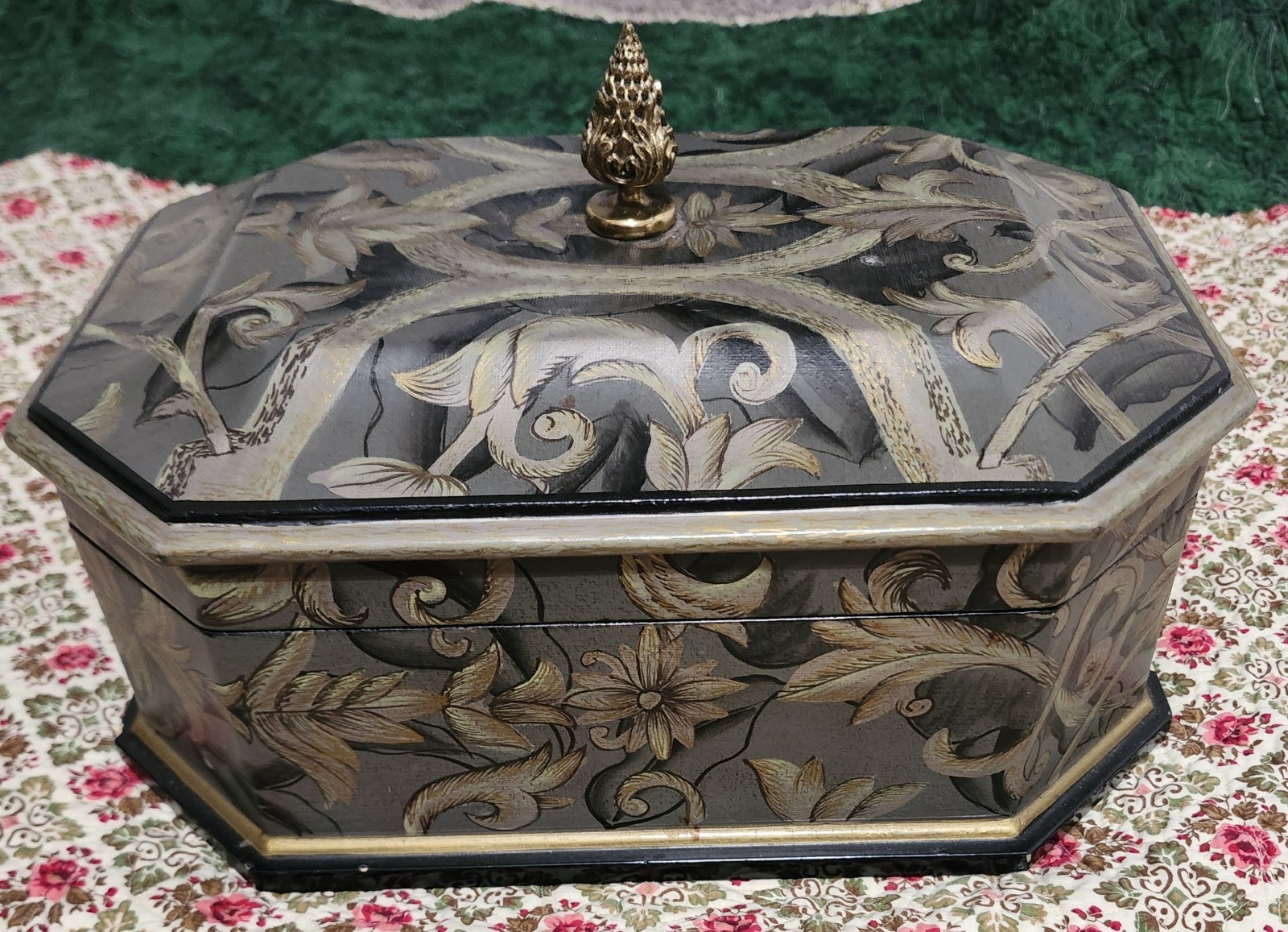 Maitland Smith Vintage Hand Painted Gray Botanical Decorative Box Brass ​
