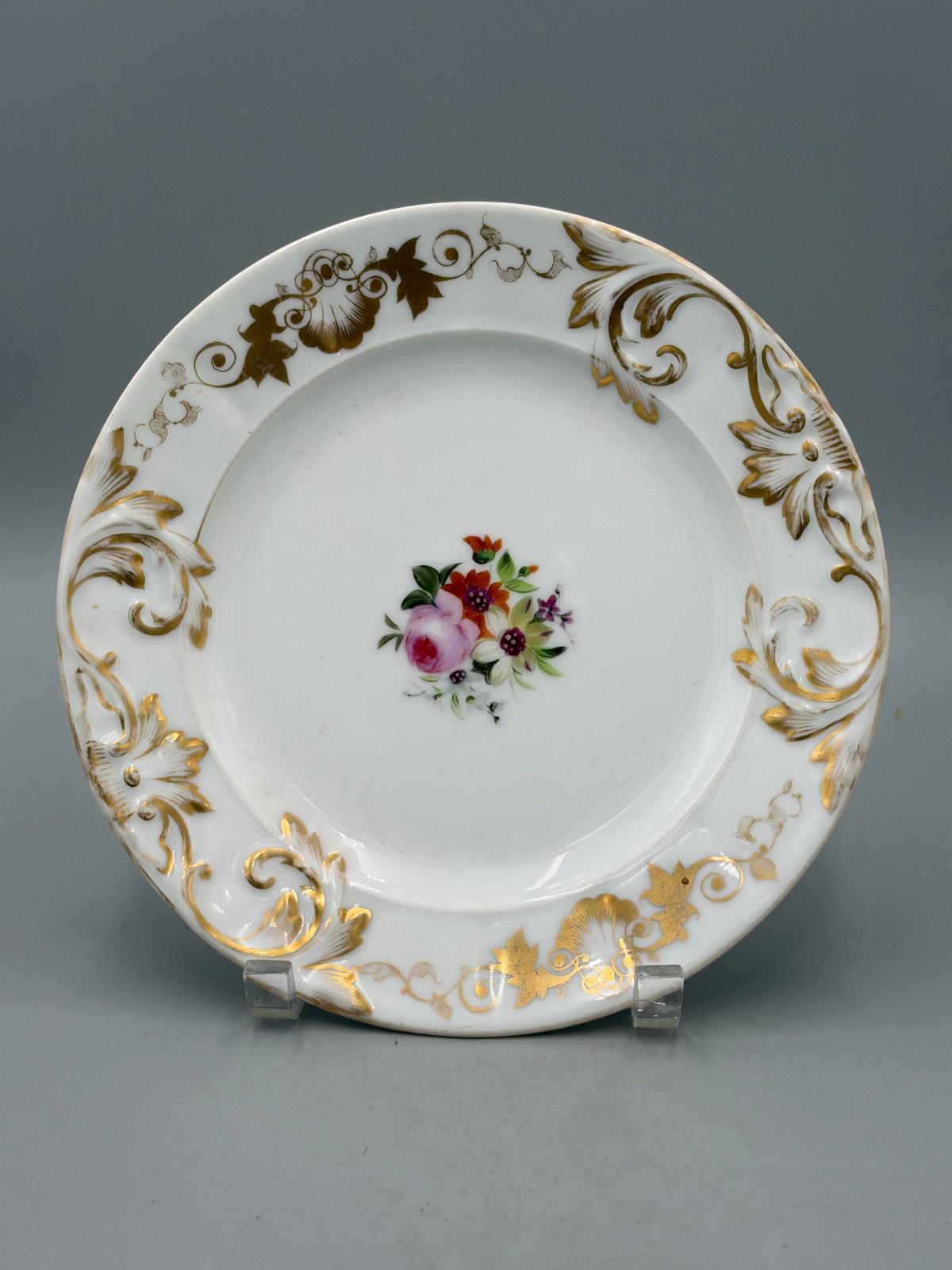 Antique French Paris Porcelain Hand Painted Floral Gilt Relief Plate, circa 1830