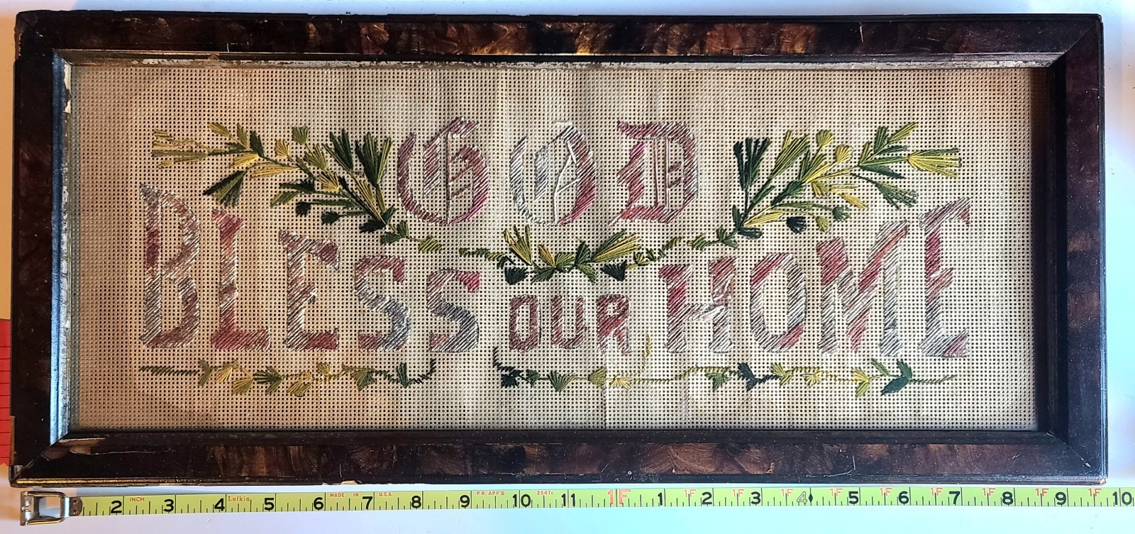 Antique Victorian God Bless Our Home Punch Paper Needlework Sampler Framed