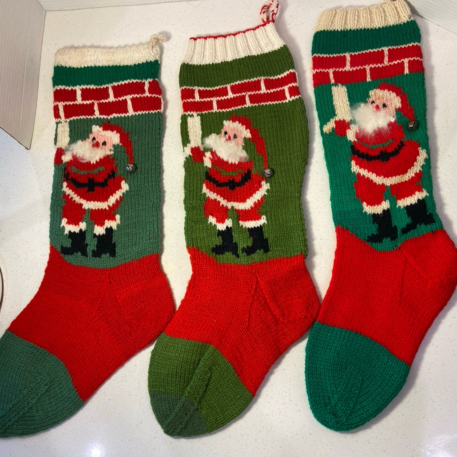 3 Vintage Kris Kringle / Santa Claus Handmade Knit Christmas Stockings 22\ 3 Vintage Kris Kringle / Santa Claus Handmade Knit Christmas Stockings 22\
