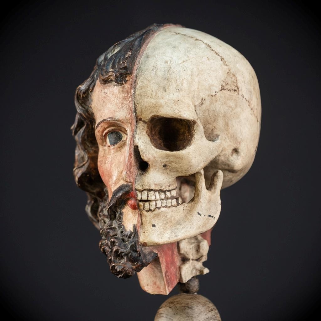 Memento Mori 18th C | Christ and Death 1700s Wooden Double Skull Face | 16.9”