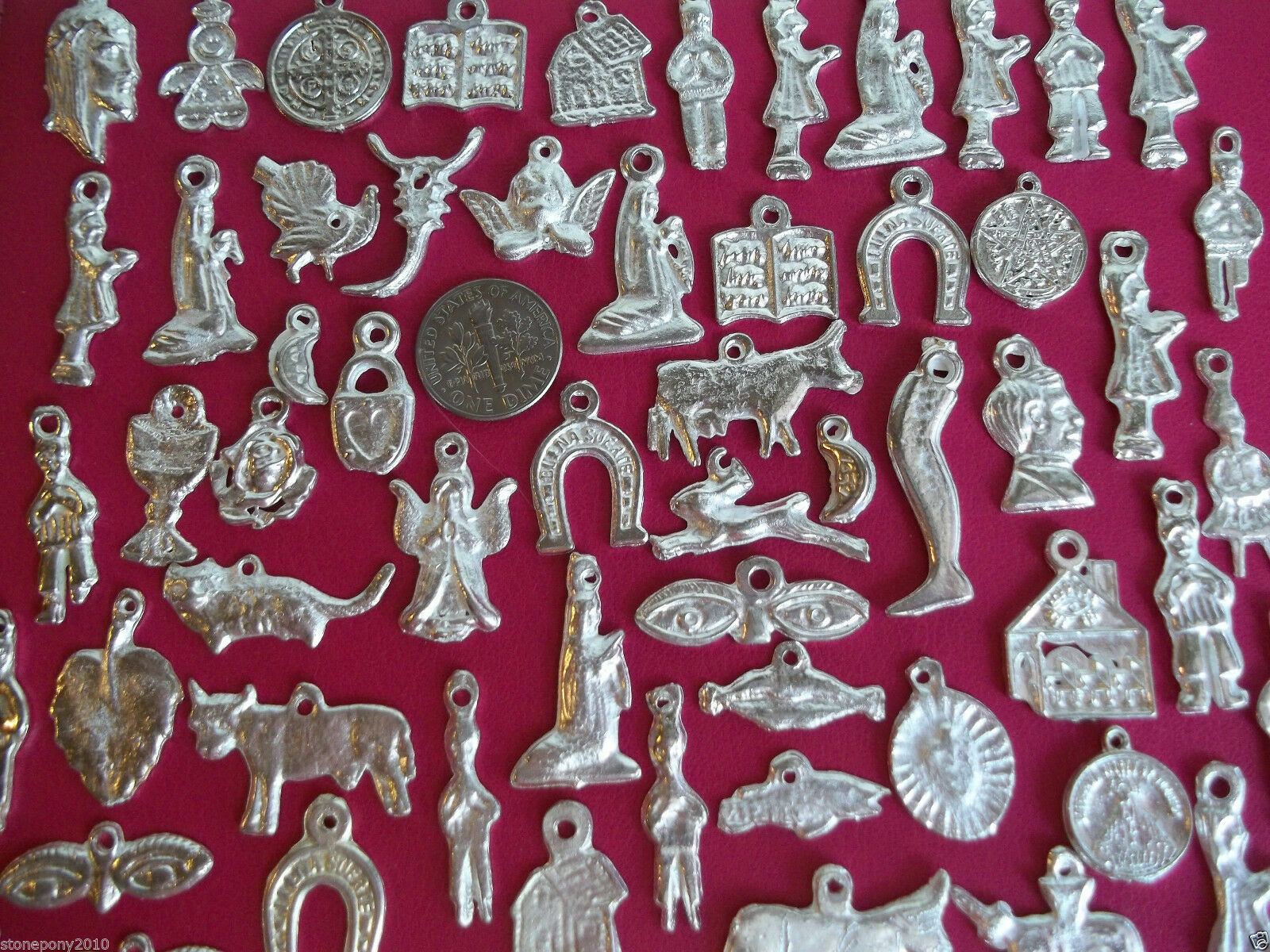 50 SILVER Milagros Mexican Folk Art Charms Day of the Dead Ex Voto Nicho Lot