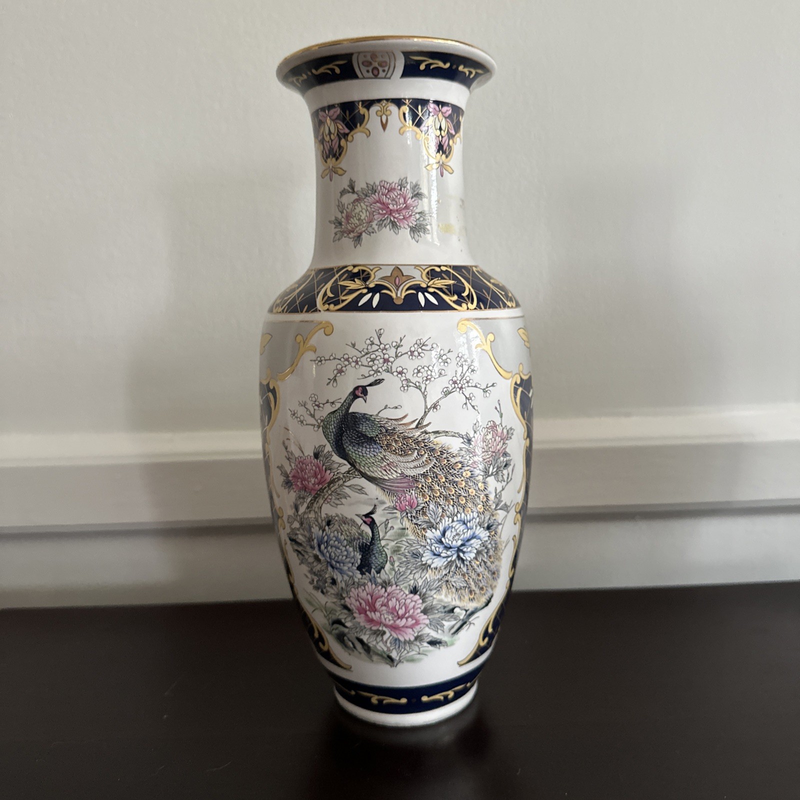 Vintage TOYO Peacock Bird Floral Porcelain Accent Vase Cobalt/Pink Japan 10.5”