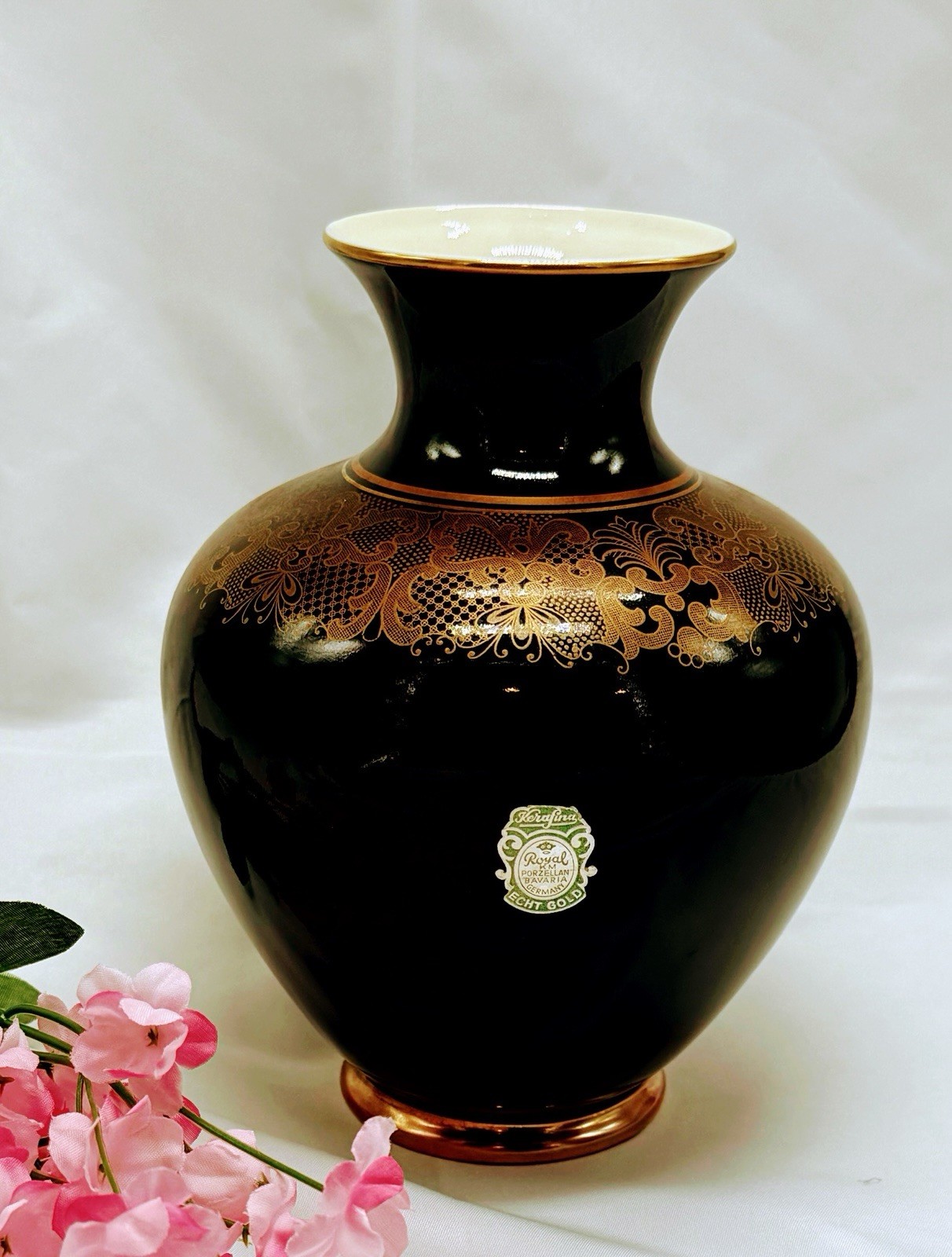 Royal Porzellan Bavaria Kerafina Black Gold Vase Echt Cobalt German Decor 7.5