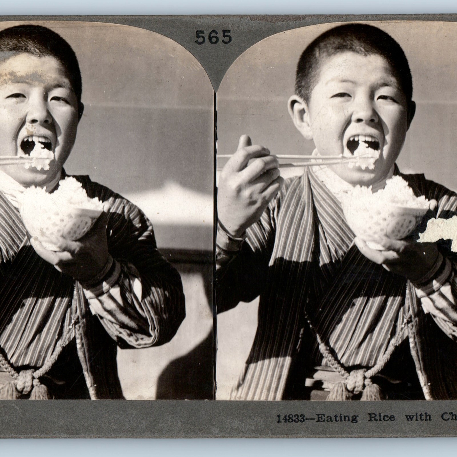1905 Japan Handsome Young Man Eating Rice w Chopsticks Stereoview Real Photo V31