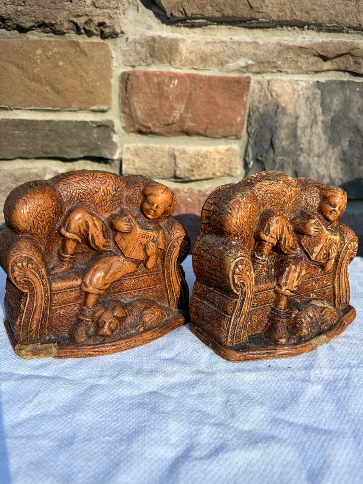 Vintage 1920s Composite Pressed Wood Bookends Boy Reading \
