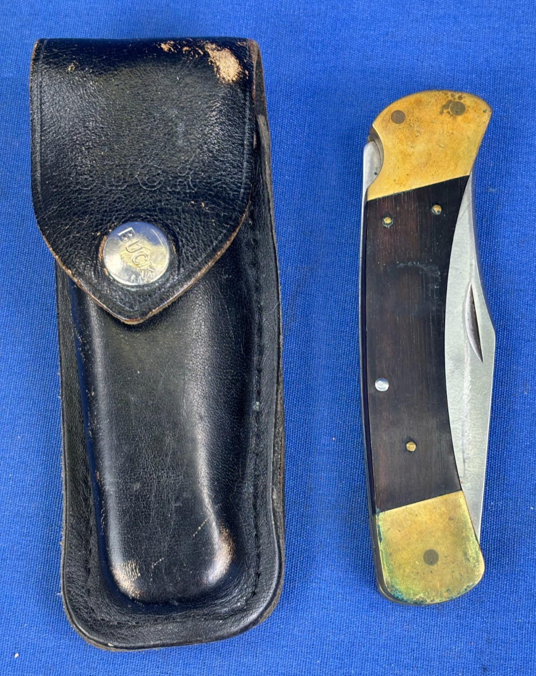 Vintage 1970s Buck 110 Lockback Pocket Knife + Black Leather Sheath - 2 Dot