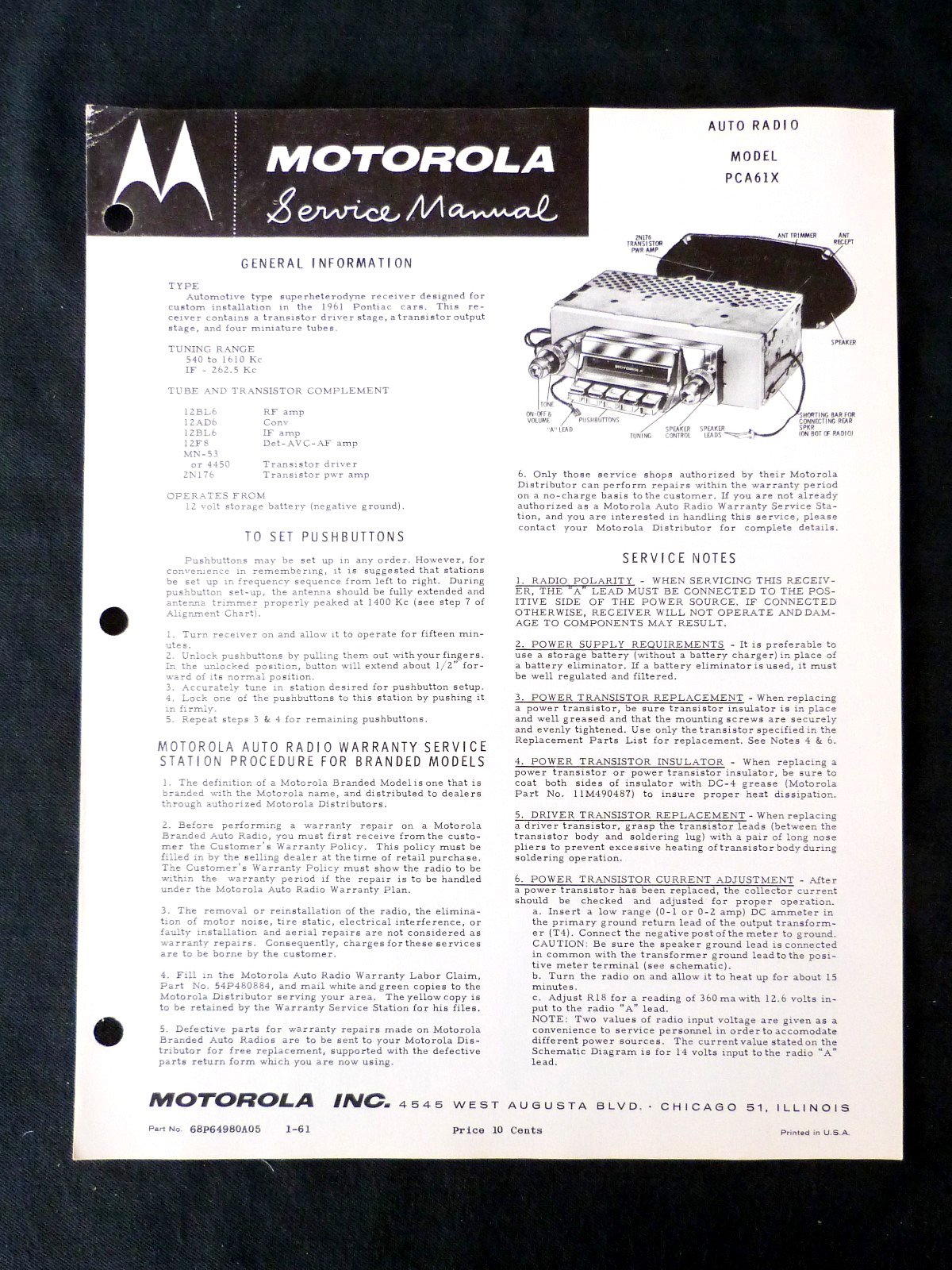 Vintage 1961 Motorola Pontiac Car Radio Service Manual PCA61X
