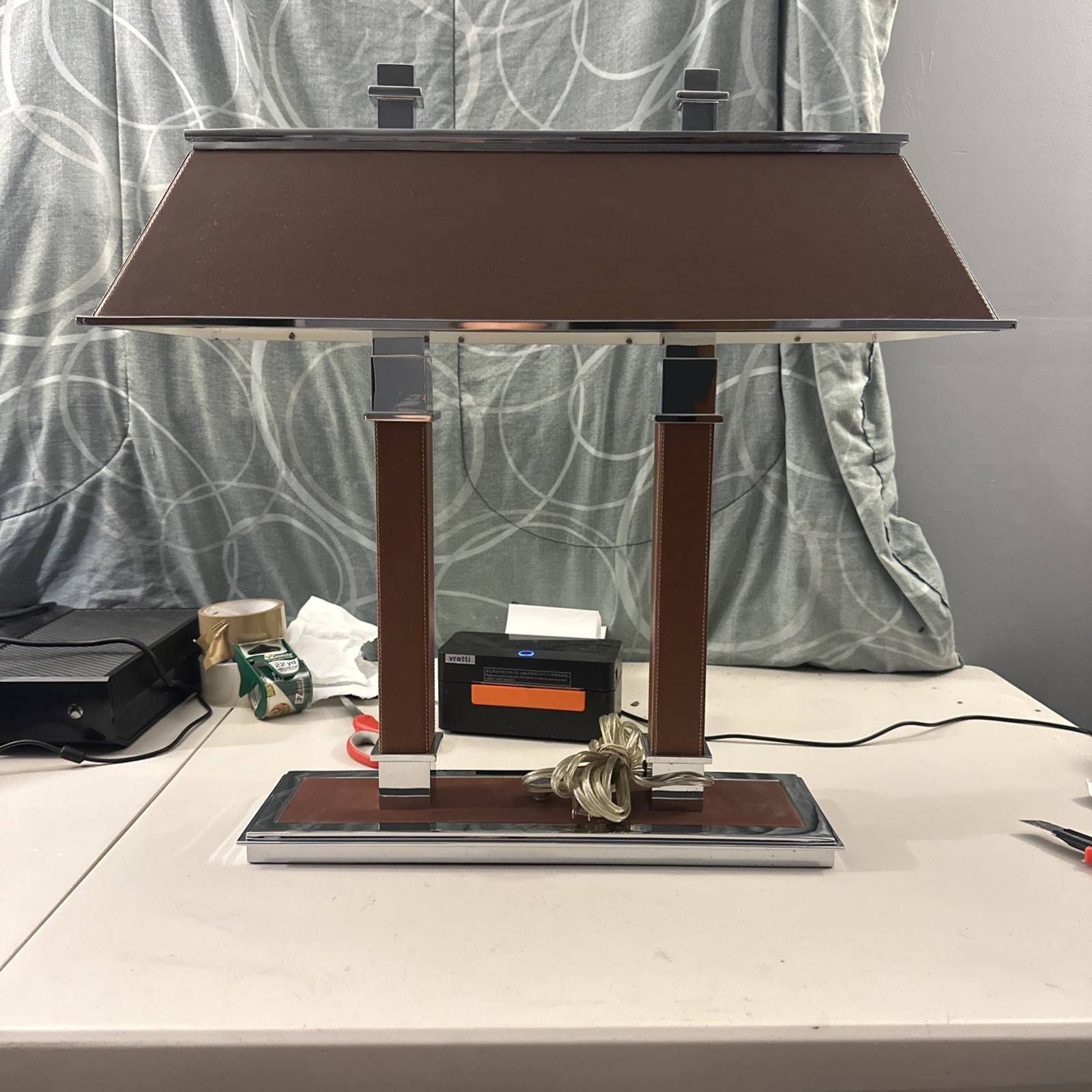 Vintage Ralph Lauren Bankers Desk Lamp Leather Wrapped Chrome Hollywood Regency