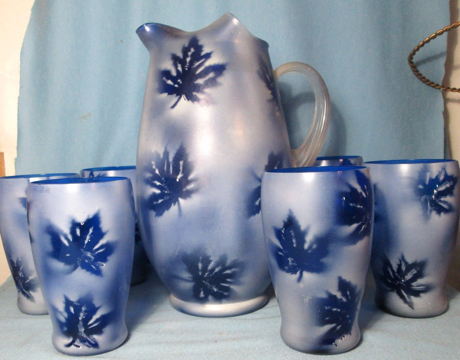 Cobalt Blue Frosted Art Glass Pitcher with Applied Reed Handle & 6 Tumbler SET
