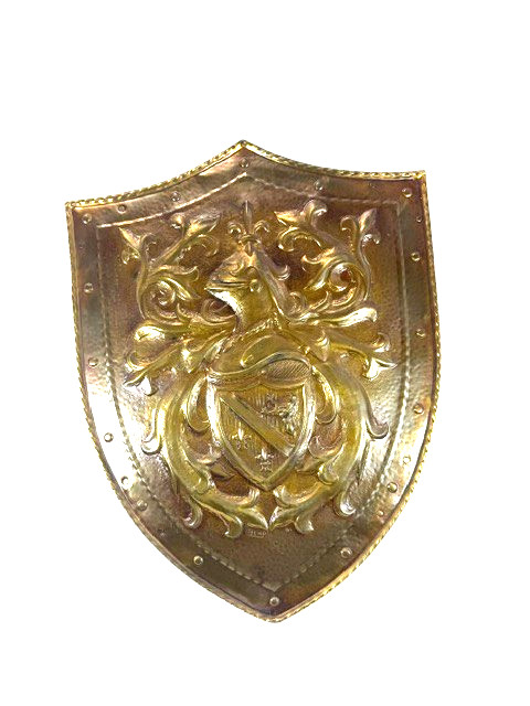 Vintage French Repoussé Copper Heraldic Shield Coat of Arms Wall Plaque