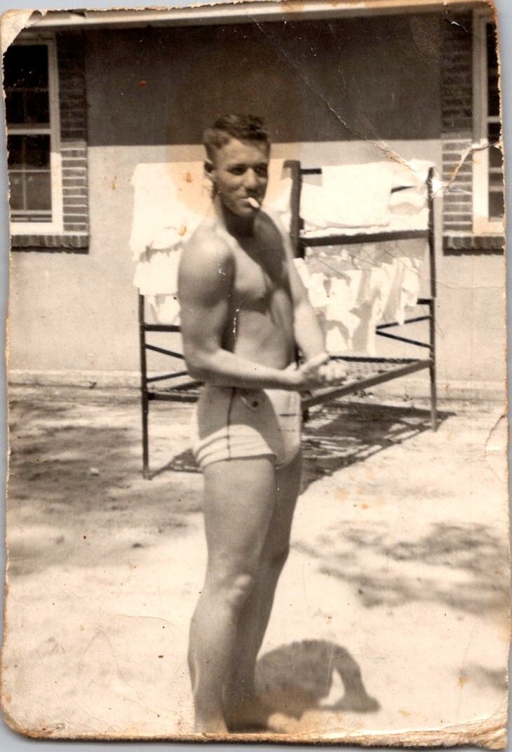 Vintage 1953 Photo Man in Swim Trunks Smoking Camp Lejeune NC Bob Muscular Vintage 1953 Photo Man in Swim Trunks Smoking Camp Lejeune NC Bob Muscular
