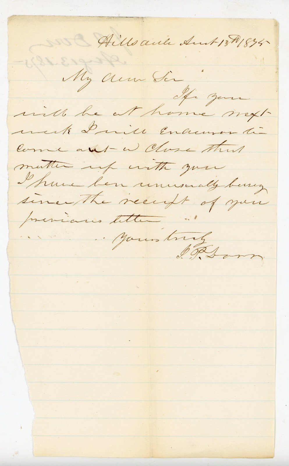 1875 Handwritten Letter Hillsdale Michigan J.R. Dow Business Visit Mention 1875 Handwritten Letter Hillsdale Michigan J.R. Dow Business Visit Mention