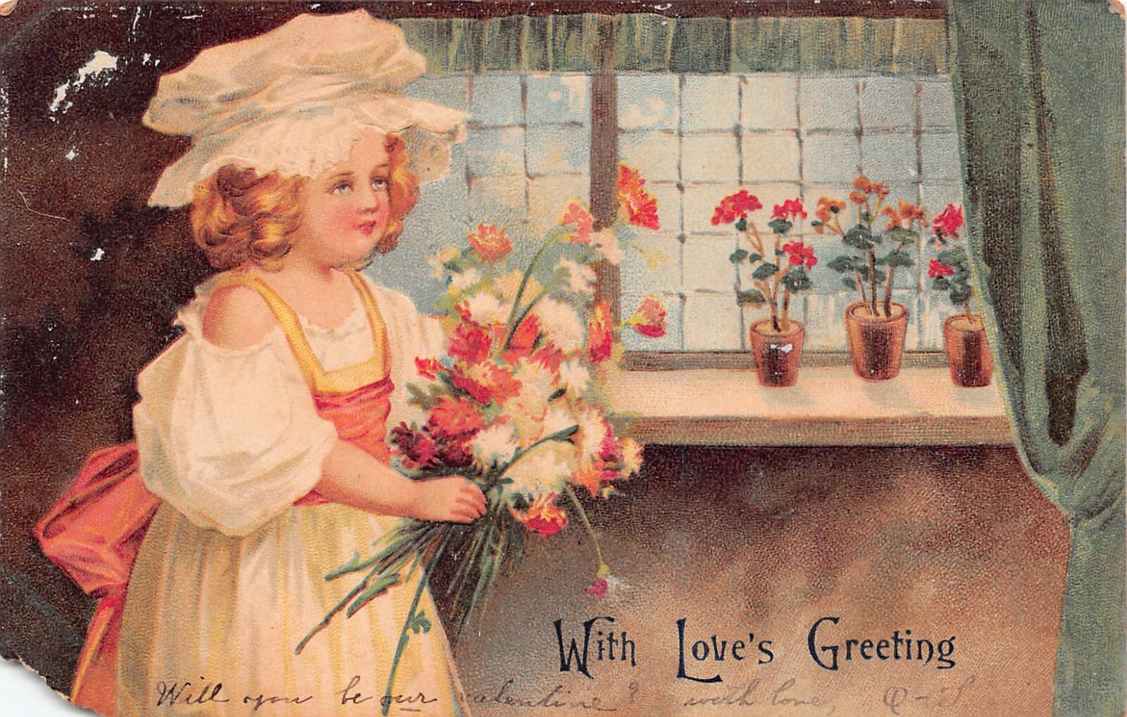 Antique Valentine's Day Card Girl Flowers Bouquet Window Sill Vtg Postcard A58