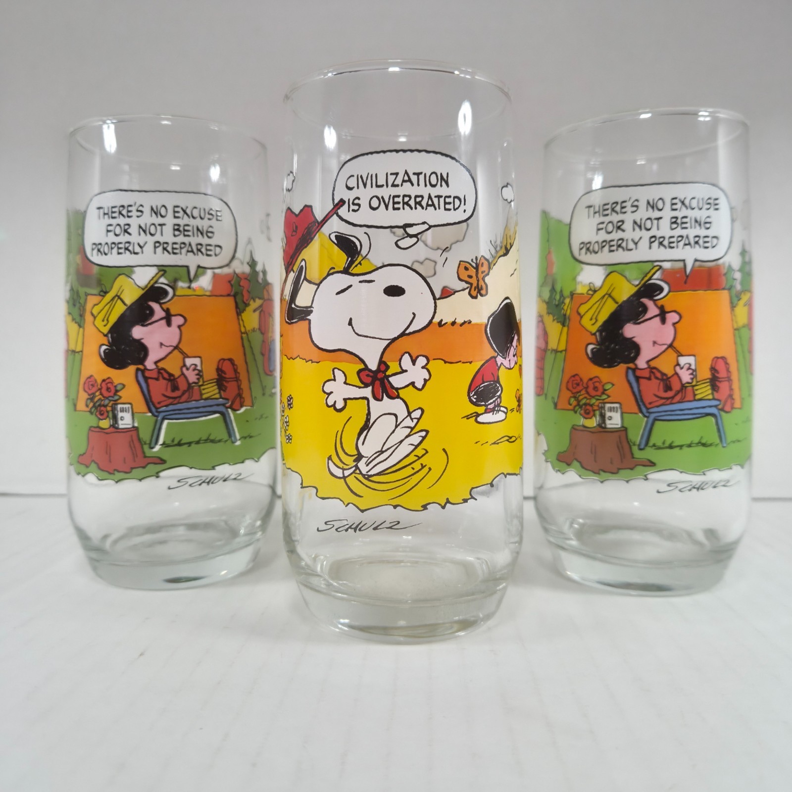 McDonald's Vintage 1983 Camp Snoopy Glasses Lot of 3 Peanuts Snoopy Lucy Schulz