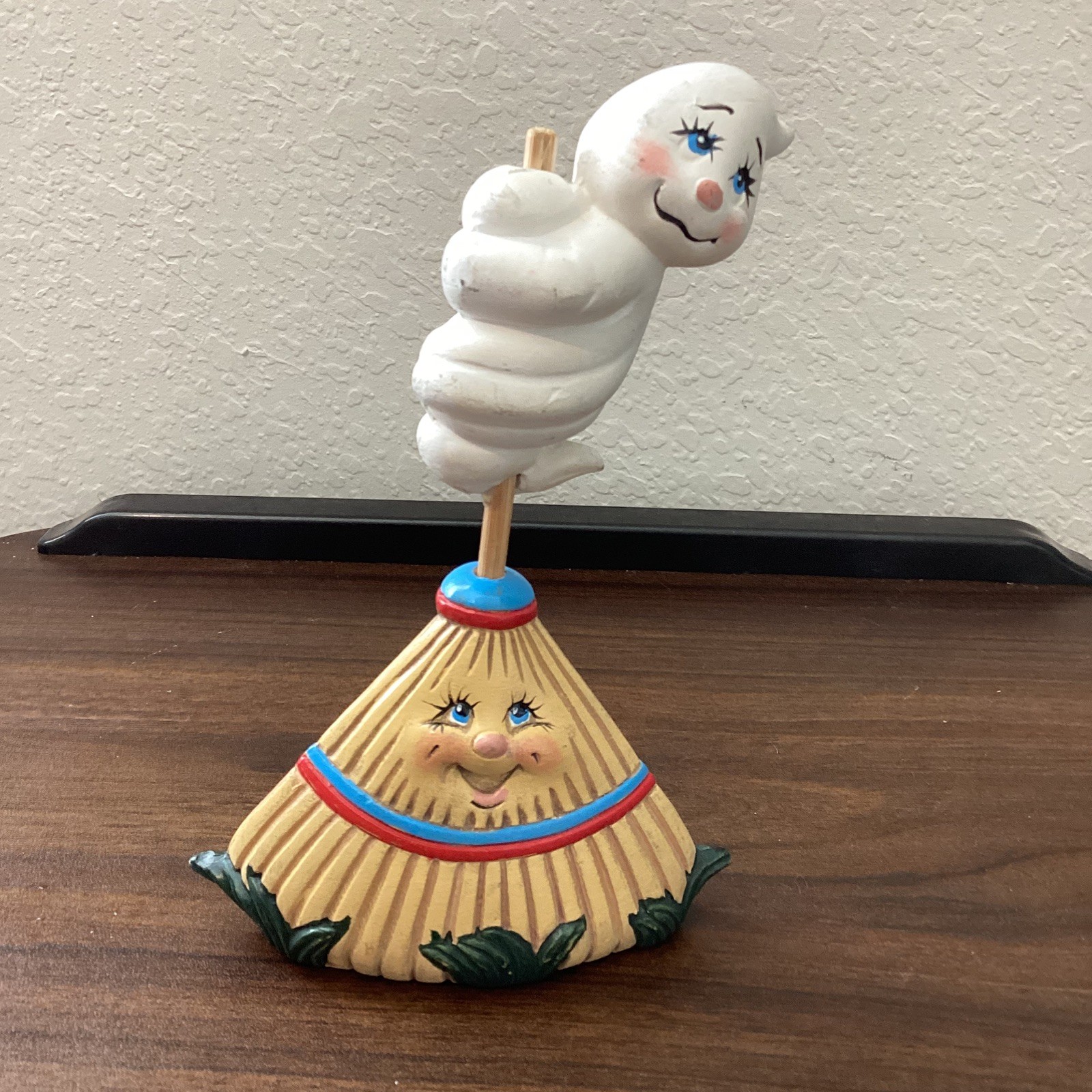 Vintage Ceramic Anthropomorphic Broom Figurine With Ghost Riding Witch Hat Vintage Ceramic Anthropomorphic Broom Figurine With Ghost Riding Witch Hat