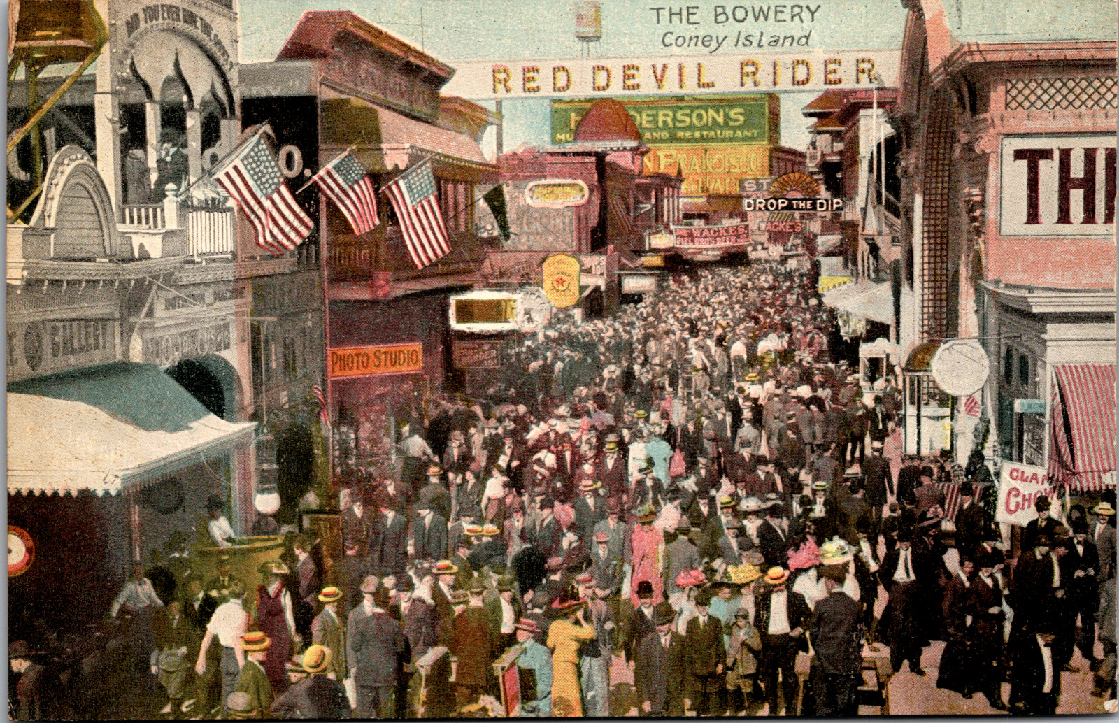 Vintage C 1910 Red Devil Rider Crowd Scene Bowery Coney Island New York Postcard