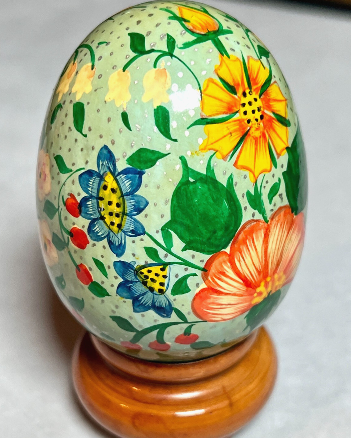 Vintage Colorful Green Yellow Hand Painted Lacquer Egg Flower Wood Pedestal Base