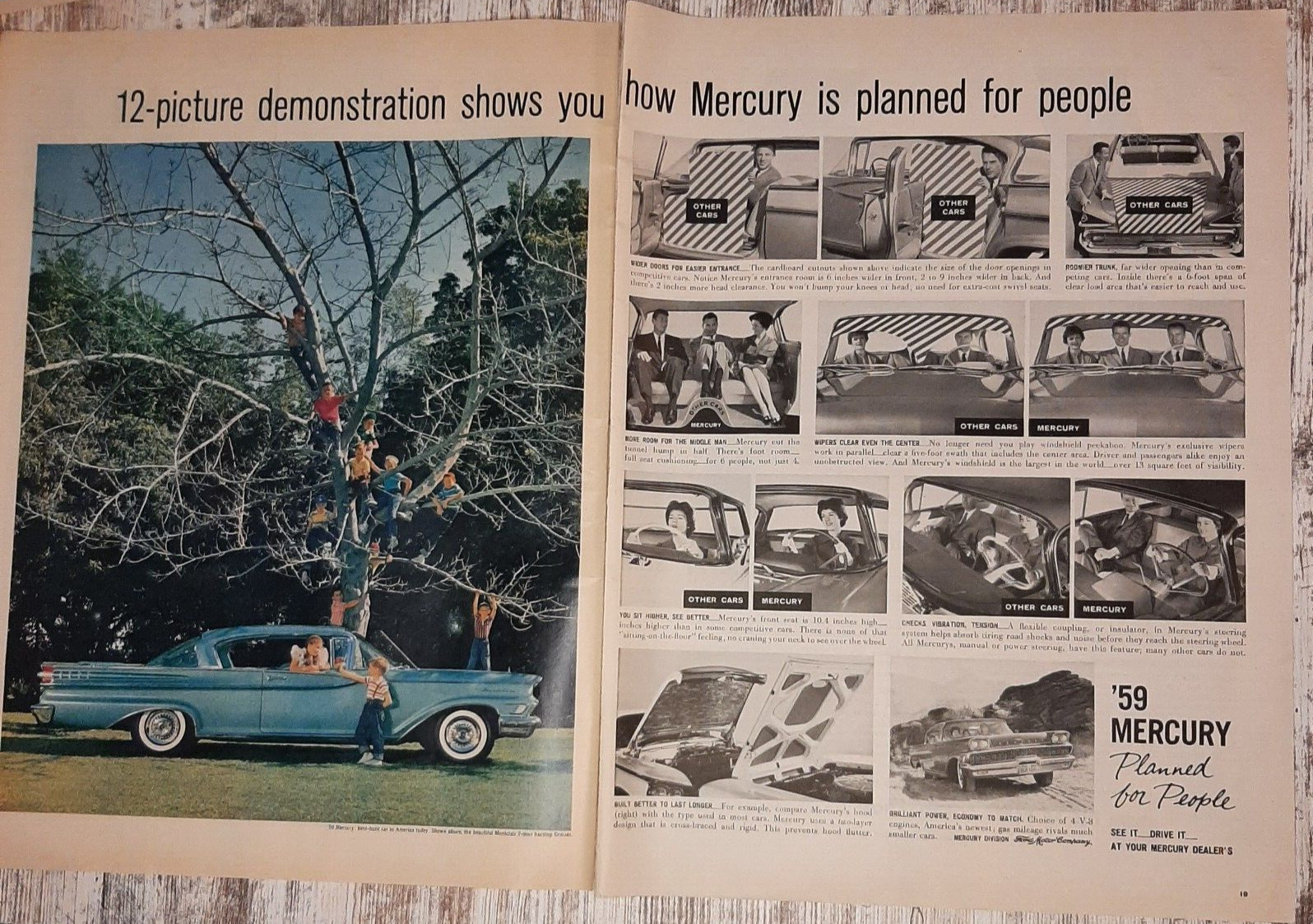 1959 Mercury Vintage 2-Pg Print Ad Montclair Coupe Cruiser Kids Climb Tree Ford