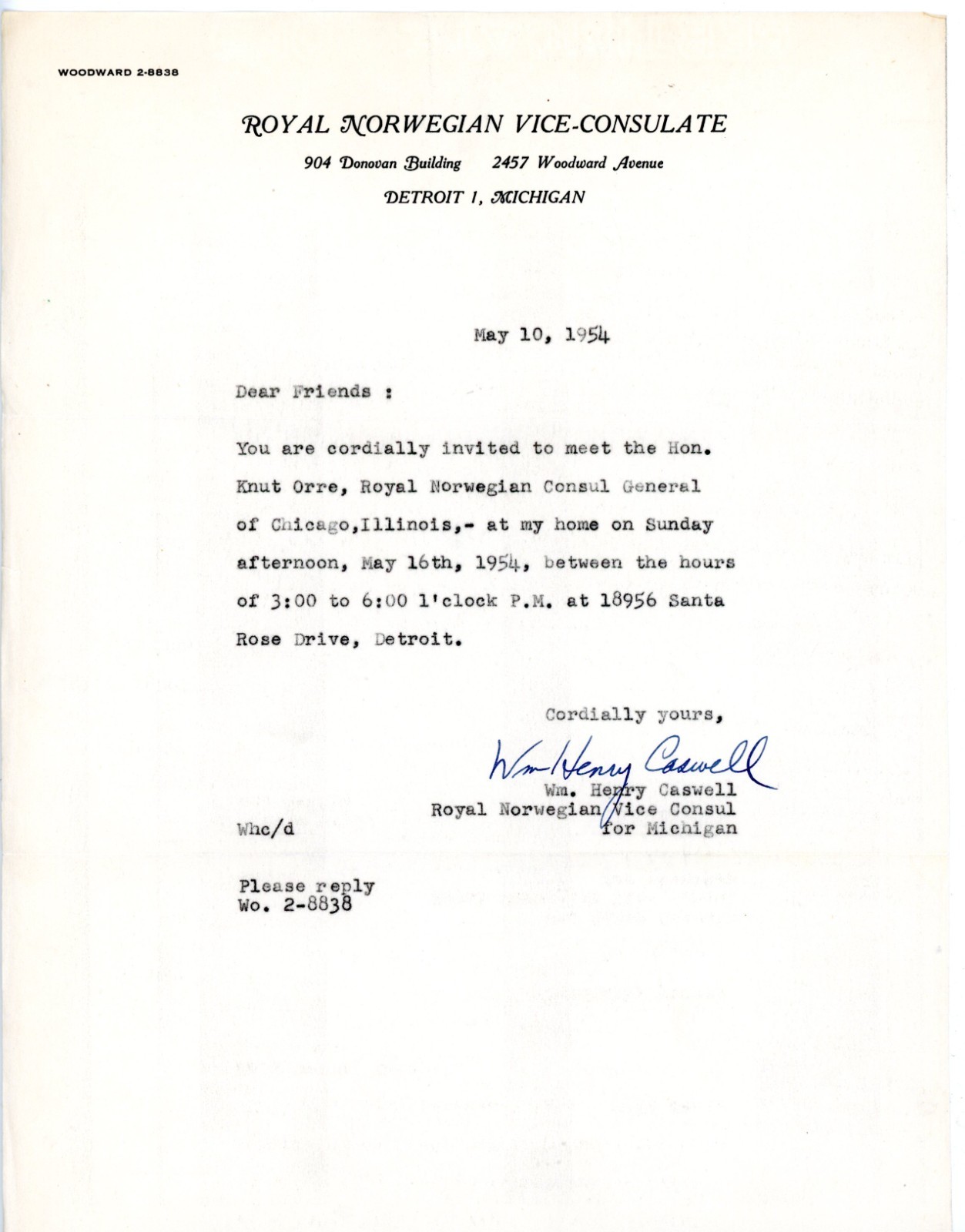 1954 Royal Norwegian Vice-Consulate Detroit MI Letter Signed Wm Henry Caswell