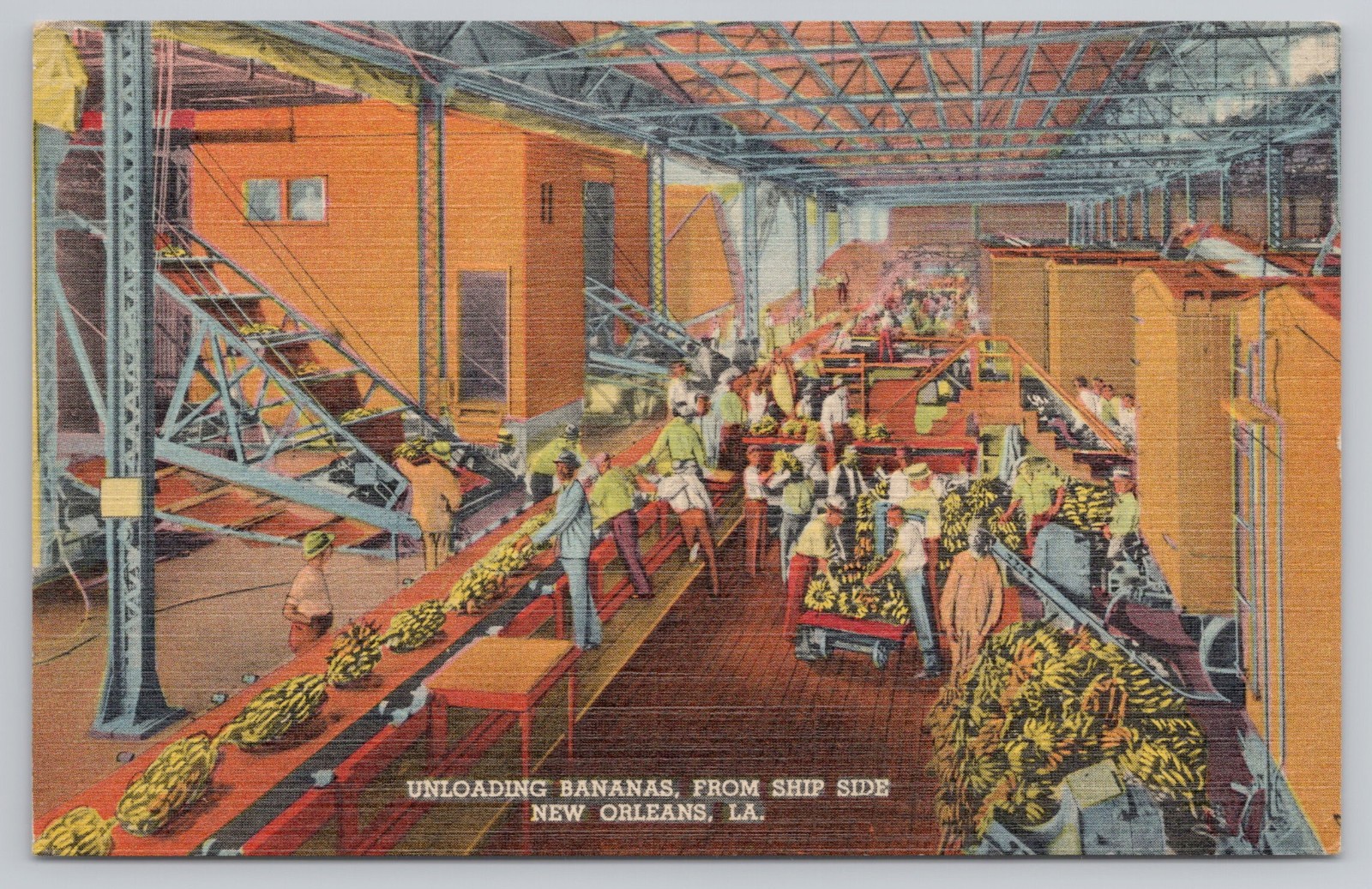 Antique New Orleans c.1930s Banana Unloading from Ship Factory Workers Postcard