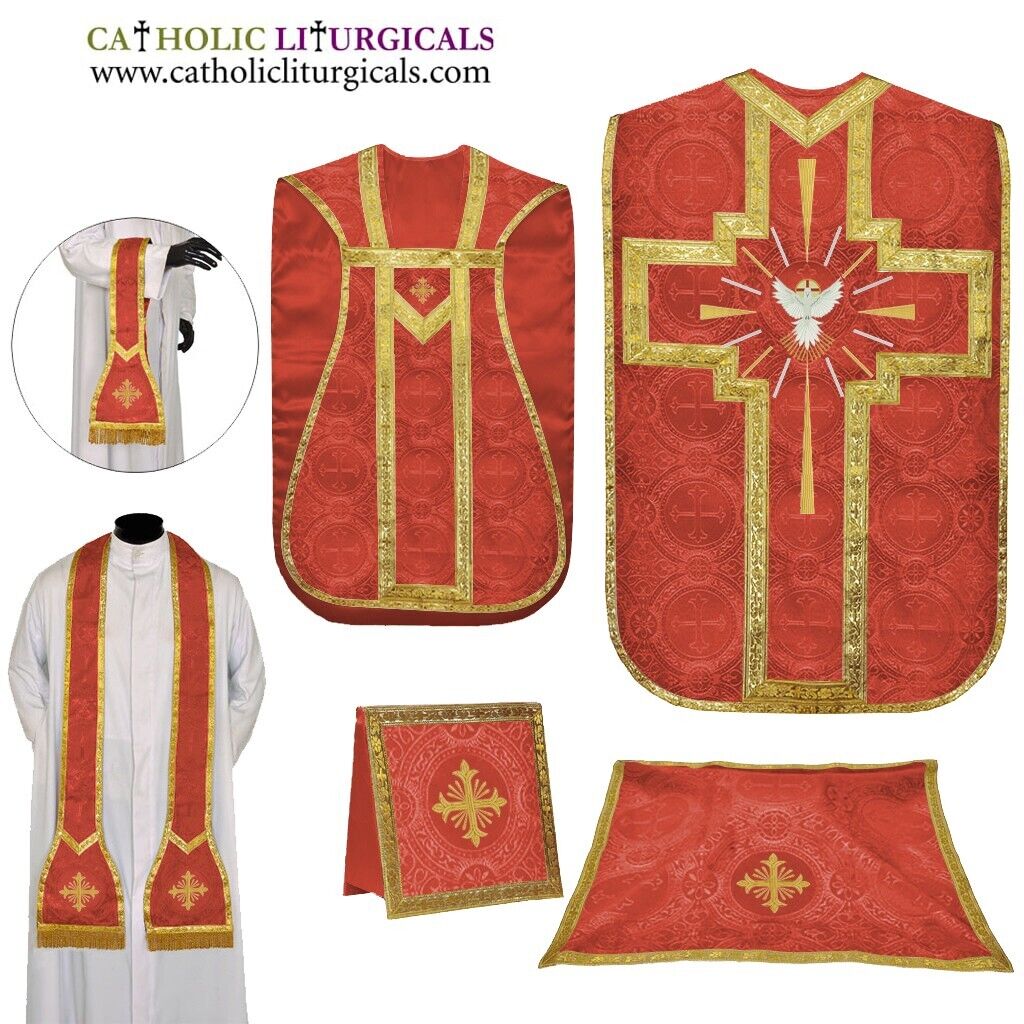 NEW Red Holy Spirit Roman Chasuble Fiddleback Vestment Fiddleback 5pc set,Casula