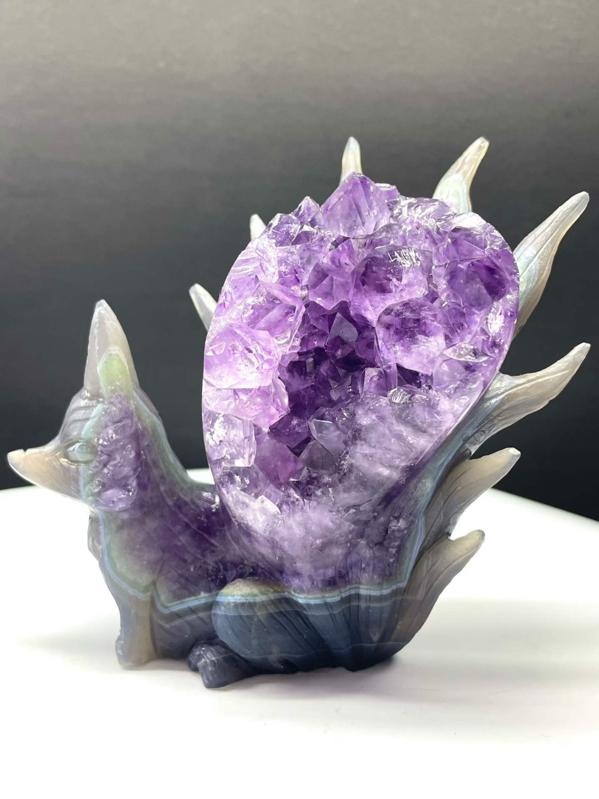 0.93LB Natural Amethyst Agate Quartz Carved Nine-tailed fox Crystal Reiki Decor