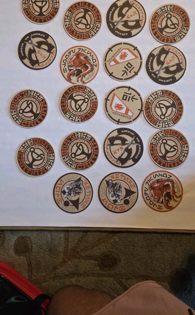 18 Star Wars Aurebesh-Style Round Sticker Set & Sabacc Token/Coin Lot 18 Star Wars Aurebesh-Style Round Sticker Set & Sabacc Token/Coin Lot