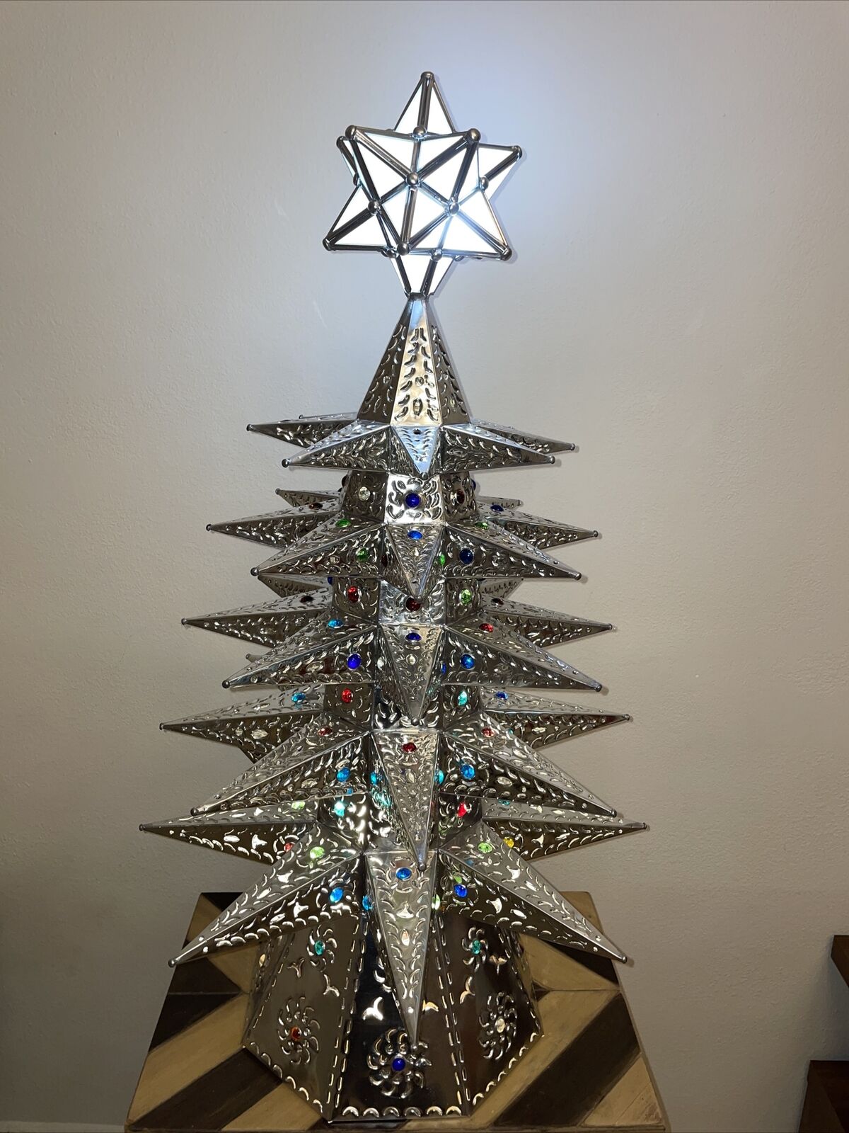Punched TIN CHRISTMAS TREE, glass star. hand made Table Top Lighted Tree 36 Inch