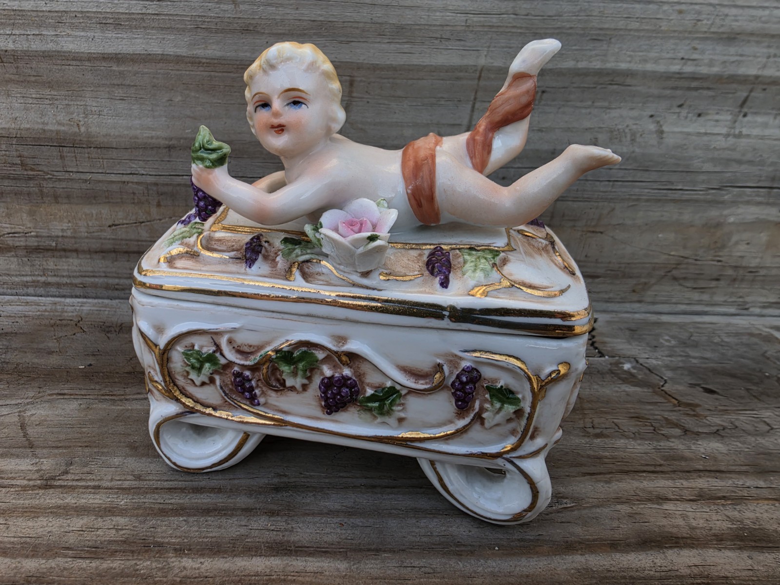 Vtg 1950s Porcelain Cherub Angel Floral Ucagco Footed Trinket Box Ornate Jewelry