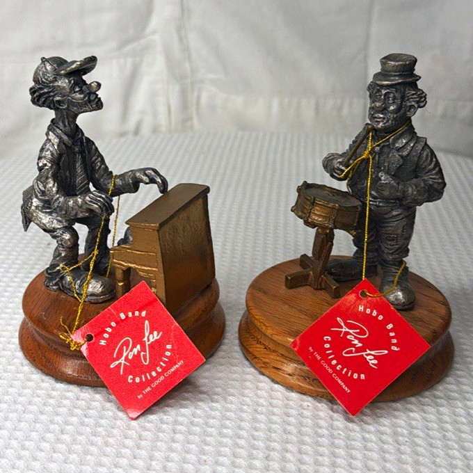 Ron Lee Hobo Band Clown Musician Figurines 2pc Set Wood Base Signed 1985 Ron Lee Hobo Band Clown Musician Figurines 2pc Set Wood Base Signed 1985