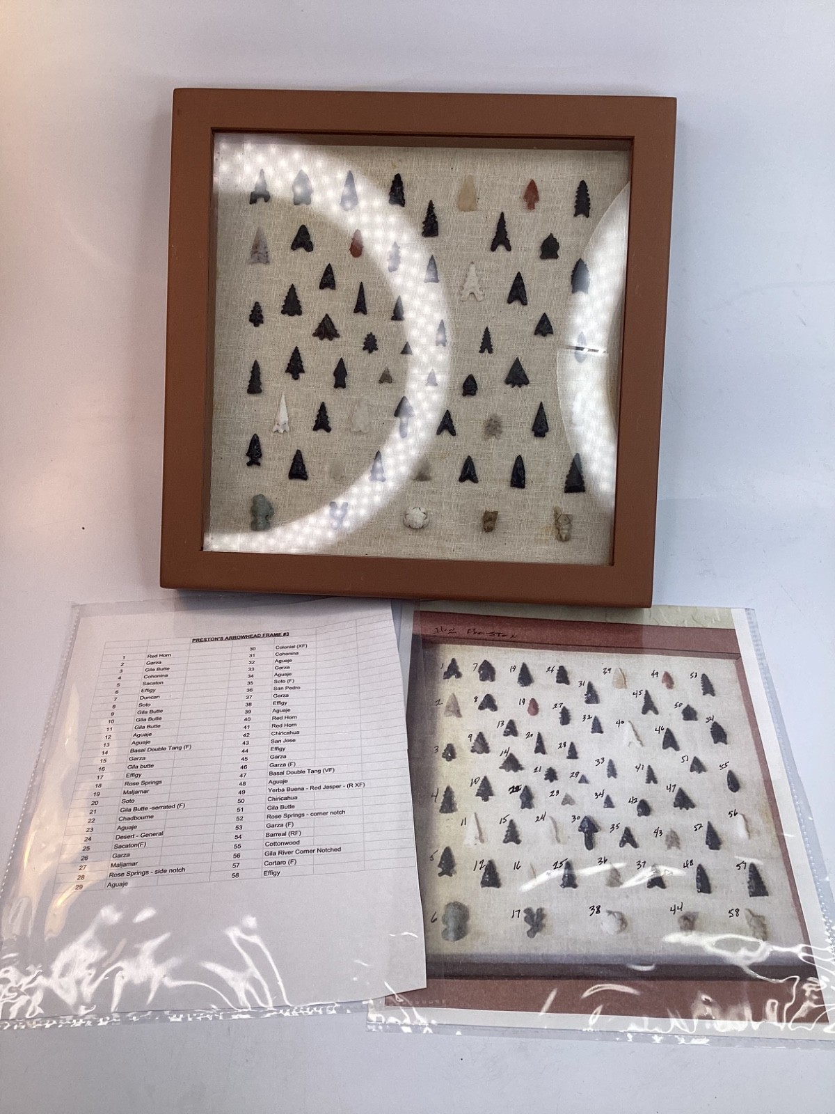 Large RARE American Arrowheads Artifact framed collection  (M6)