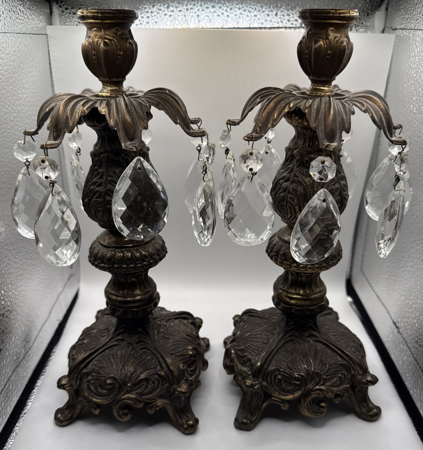 Vtg. Hollywood Regency Pair of Ornate Metal Candlesticks Holders with Prisms