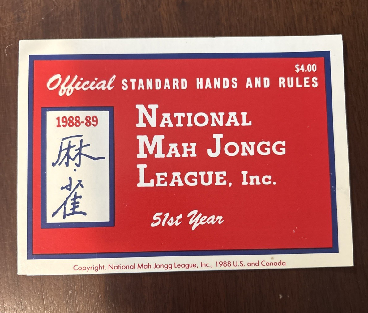 1988-89 National Mah Jongg League Official Standard Hands and Rules card