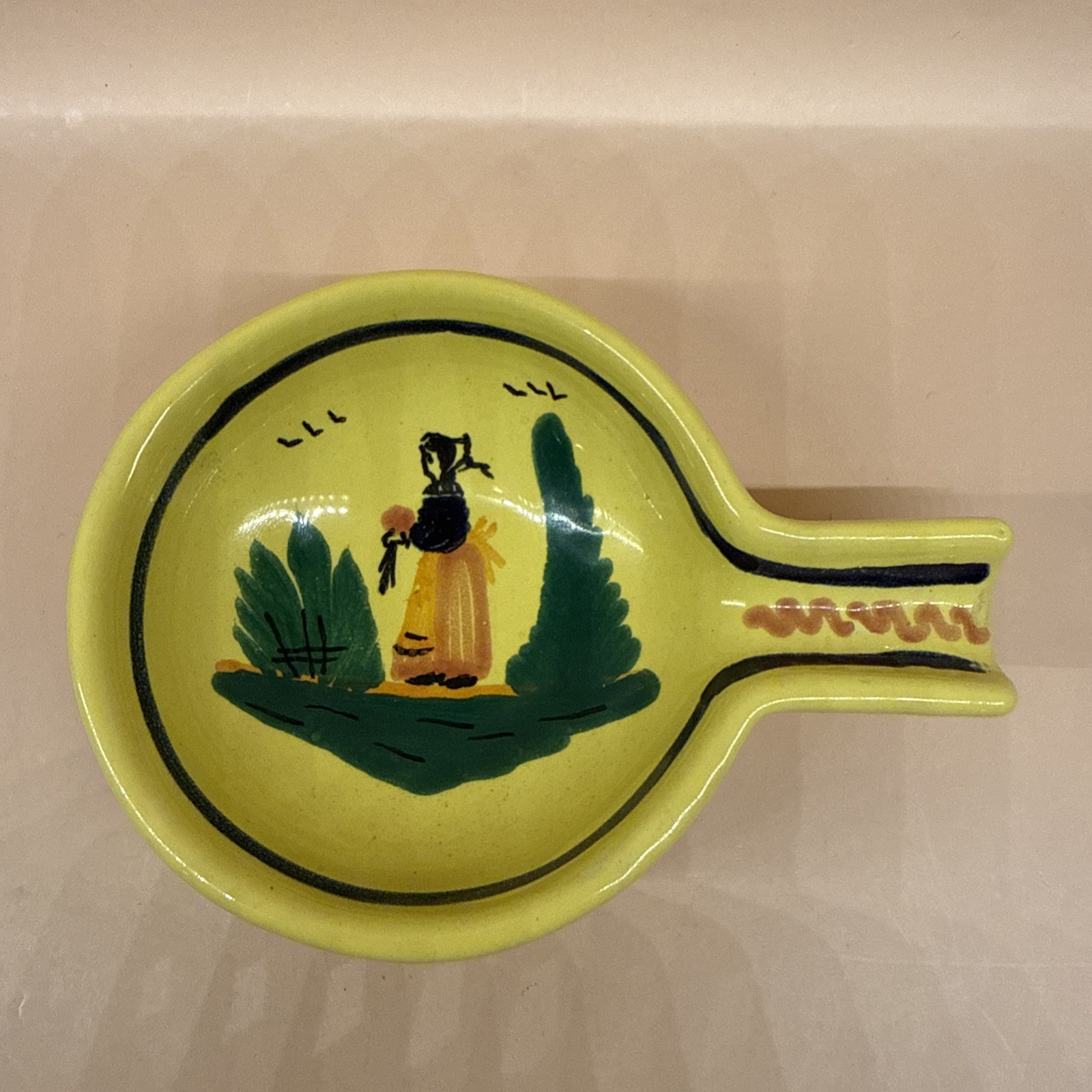 HB Quimper France Pottery Spoon Rest or Ashtray Folk Art Girl Yellow Brenton