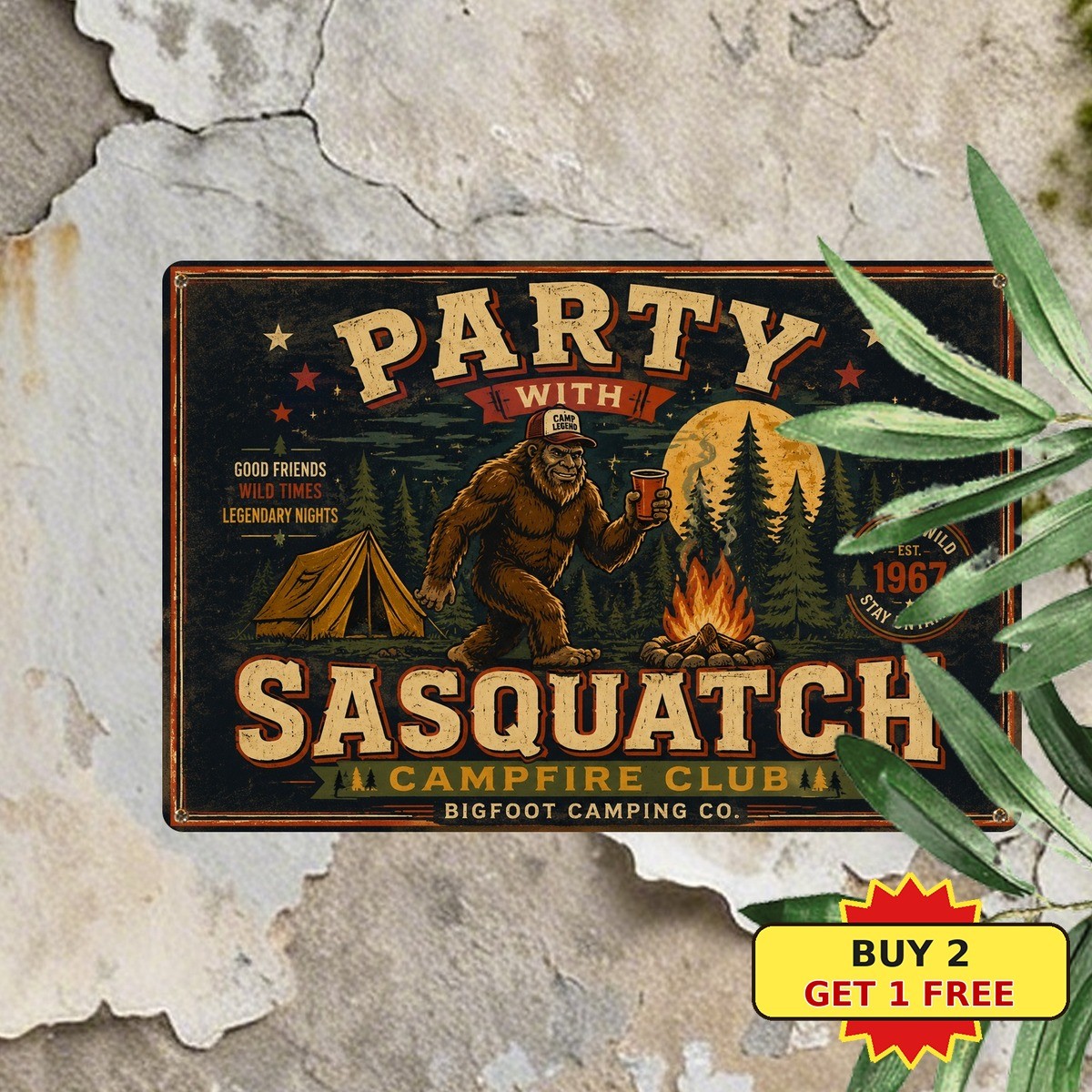 Sasquatch Camping Party Squad Bigfoot Wilderness Forest Camp Metal Sign 8x12