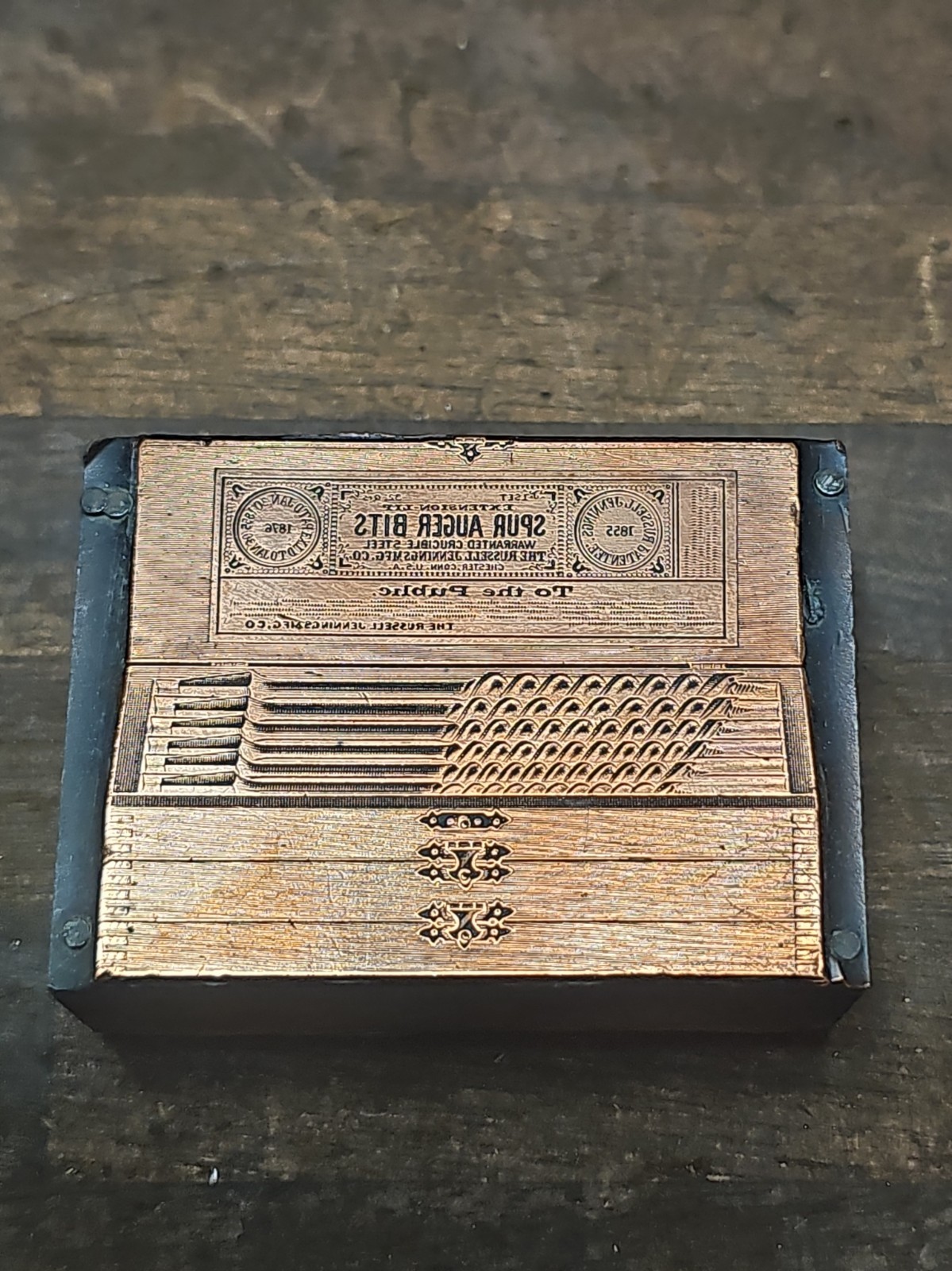 PB15- Antique  RUSSELL JENNINGS AUGER BITS Wood Printing Block Advertising