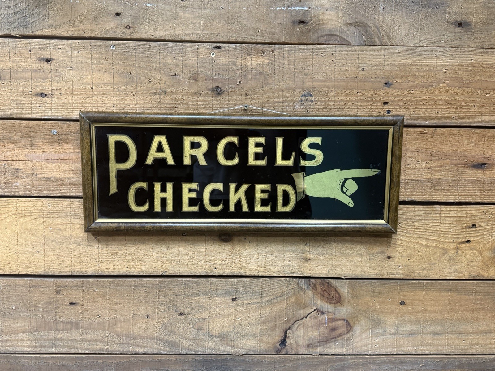 Antique Reverse Glass Pointer Finger Directional Parcels Checked Sign Early Adv.
