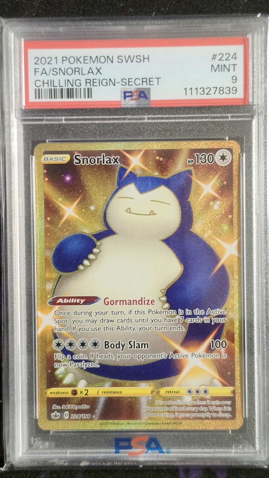 Pokemon PSA 9 Snorlax 224 Chilling Reign