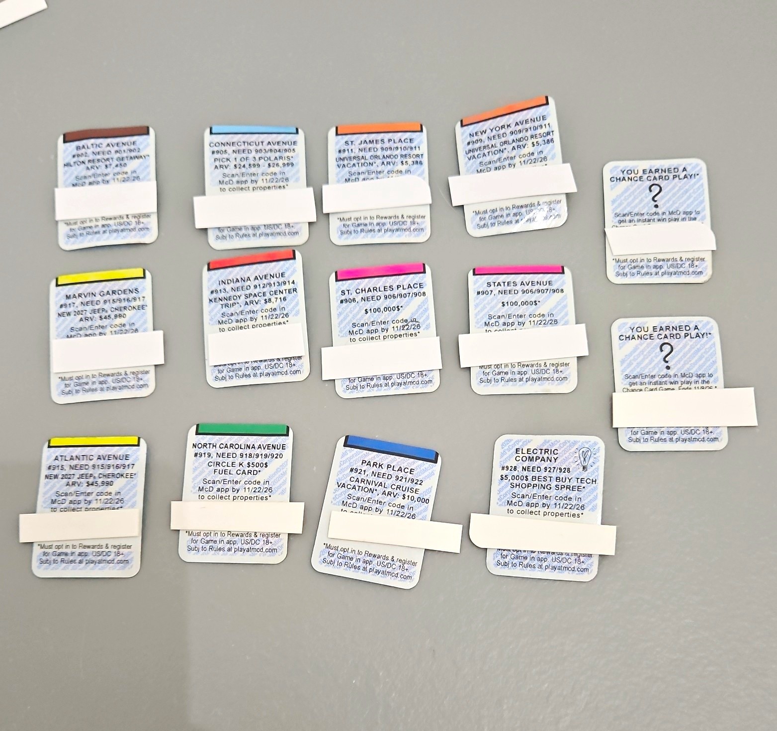 McDonald's Monopoly 2026 12 Properties Game Pieces & 2 Chance Unredeemed