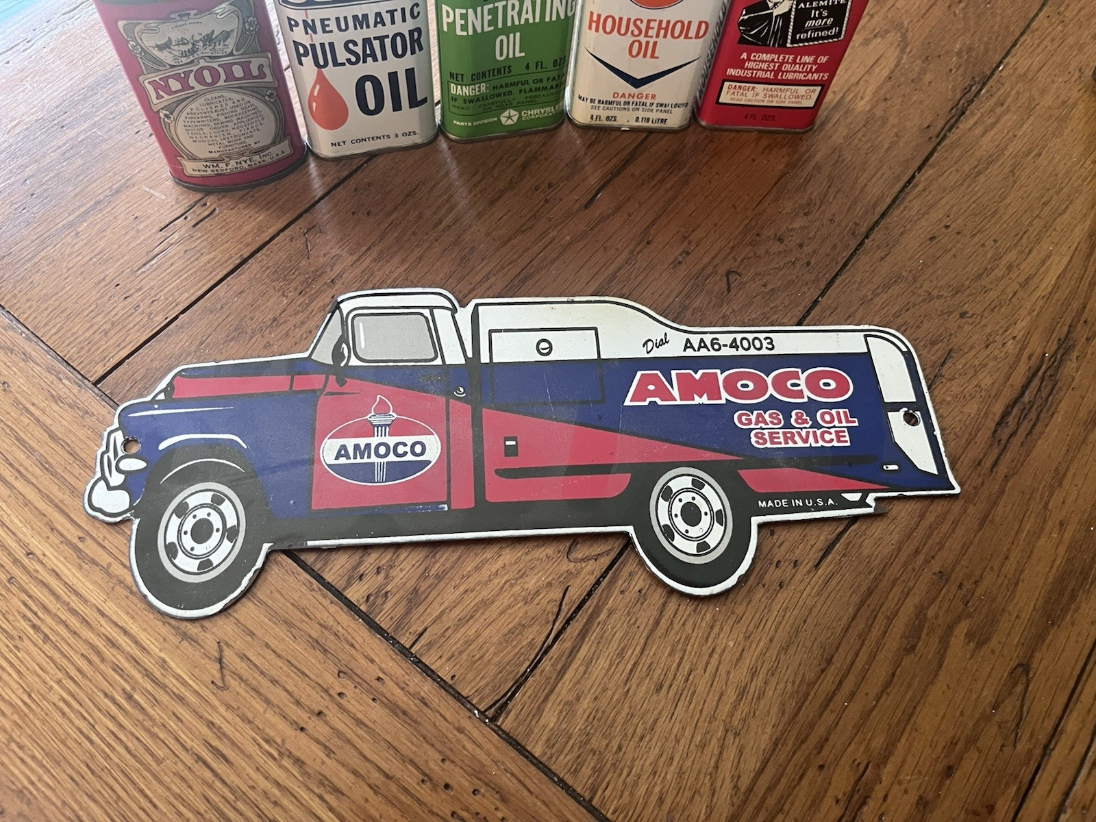 NICE  12” AMOCO GAS & OIL SERVICE PORCELAIN SIGN GAS TRUCK