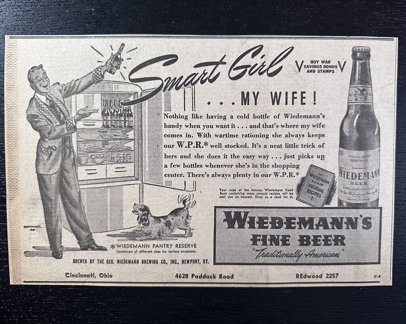 1943 Wiedemann Brewing Beer Newspaper Ad WWII WW2 Newport KY Cincinnati Ohio
