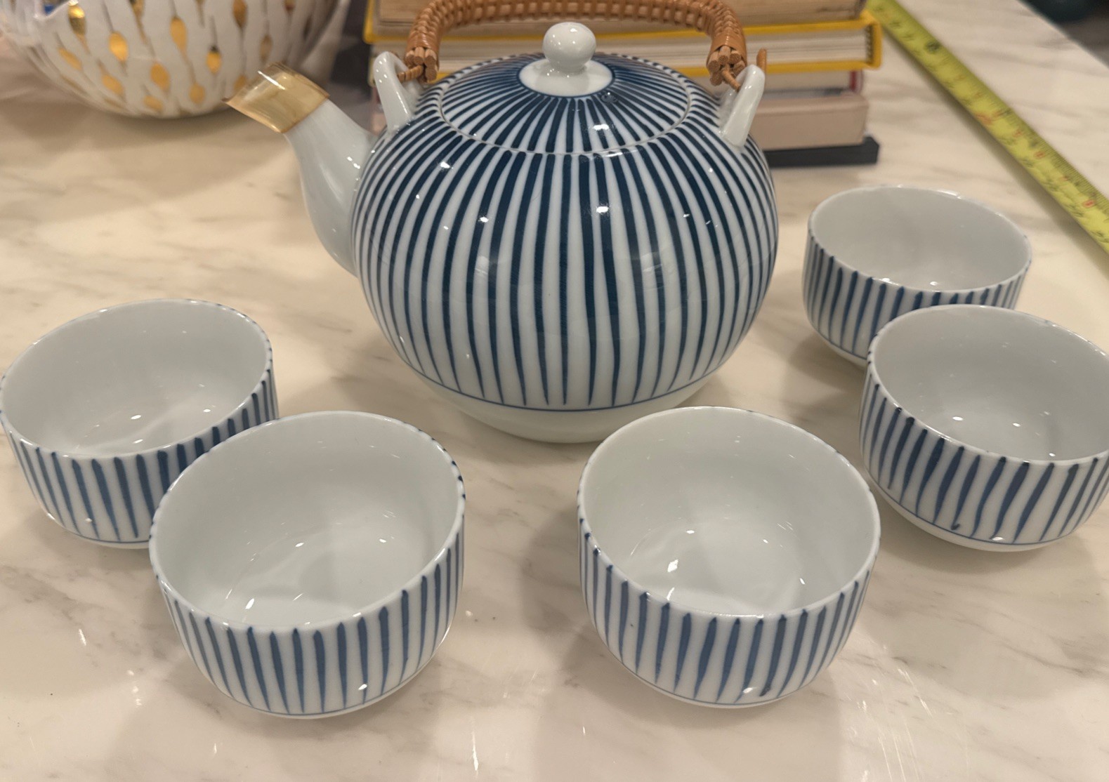 Vintage Japanese Blue White Porcelain Tea Set Teapot 5 Cups Bamboo Handle OMC Ja