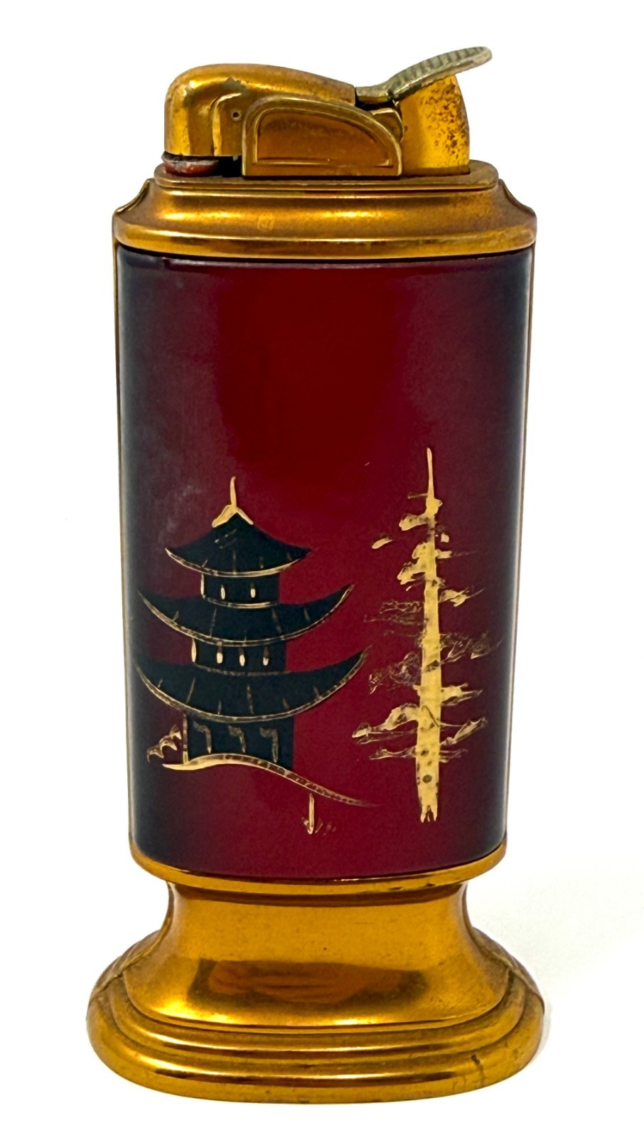 Vintage Red Lacquer Table Lighter Gold Pagoda Asian Scene Brass Base MCM