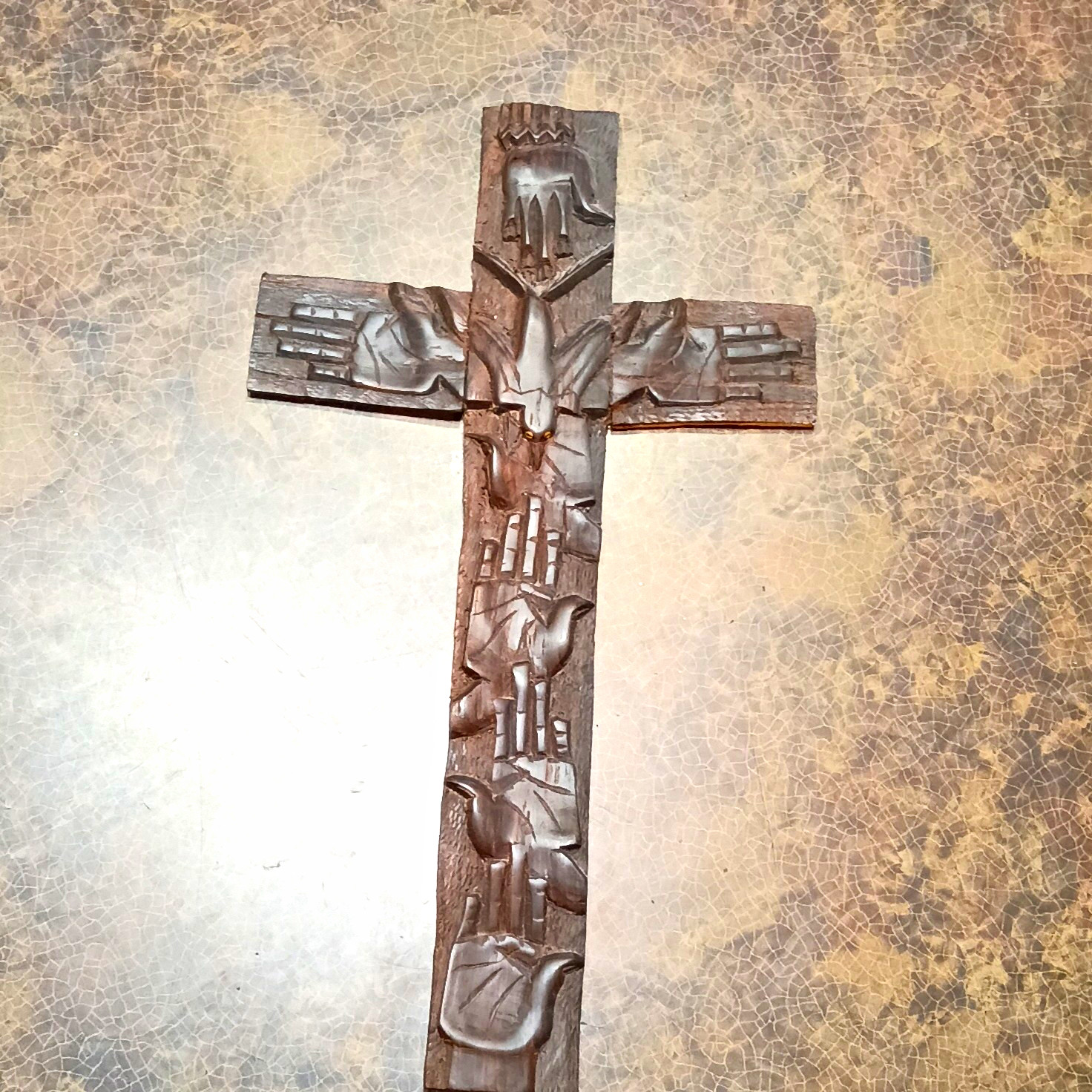 Hand-Carved Wooden Christian Wall Cross Hanging Dark Brown Christianity