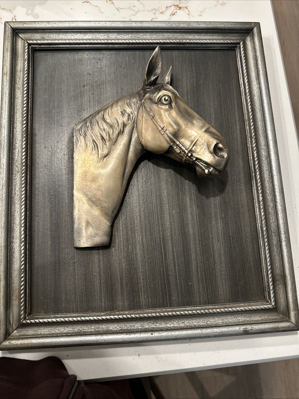 Vintage 3 Dimensional Bronze Brass Horse head bust Statue Framed 3-D MCM Dodge??