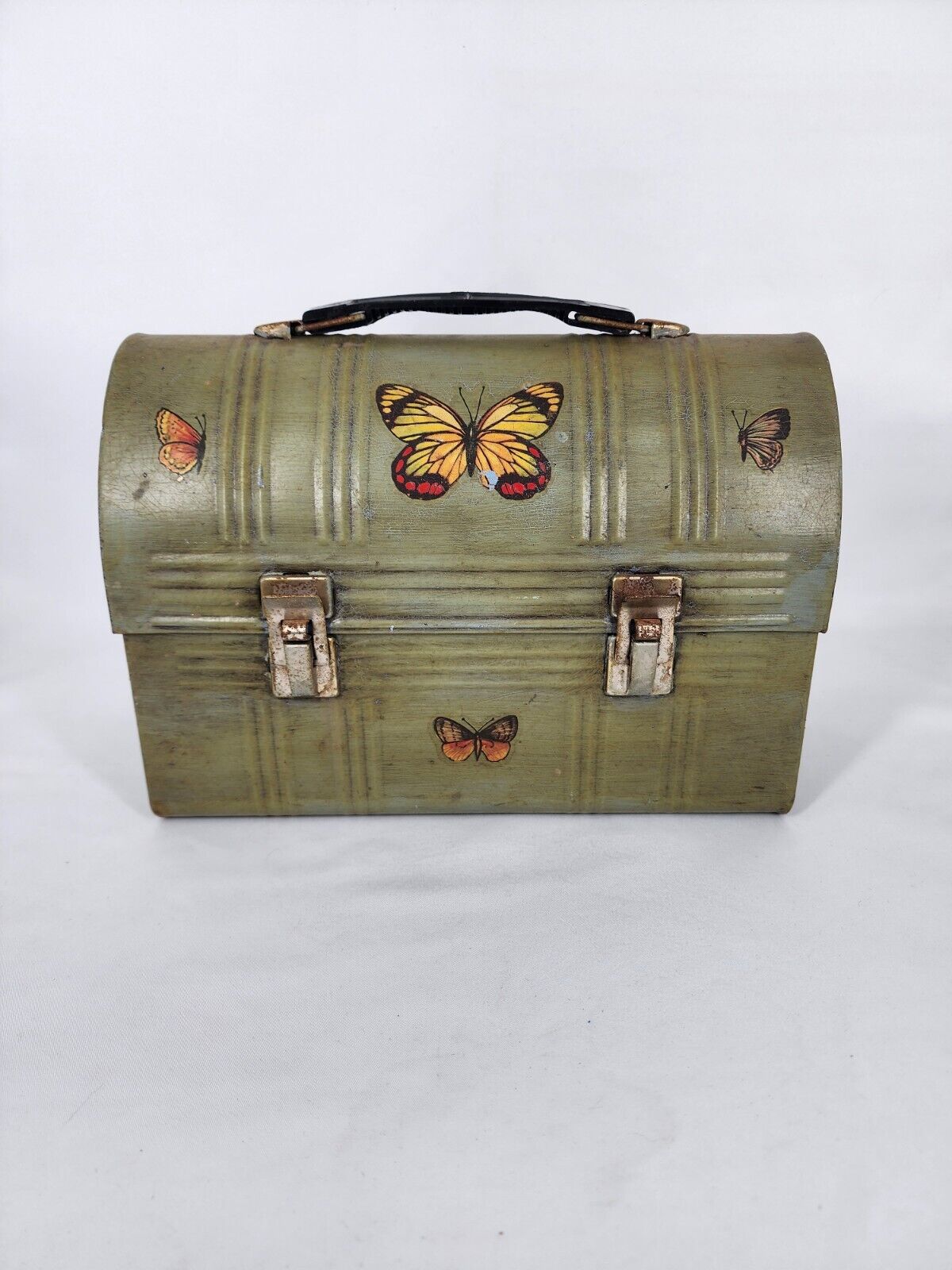 Vintage 1970s Dome Metal Lunchbox Handpainted Butterflies Nashville Boho Hippie 