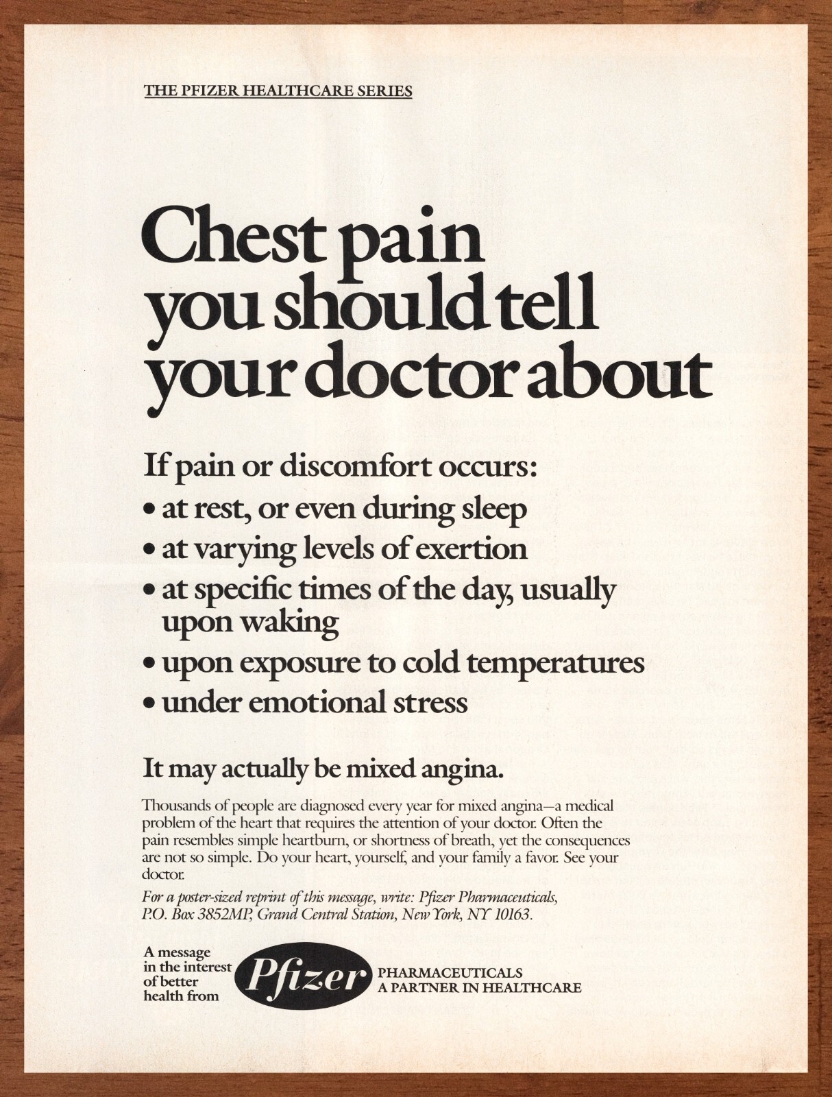 1985 Pfizer Angina Vintage Print Ad/Poster Retro 80s Medical Health Pop Art 