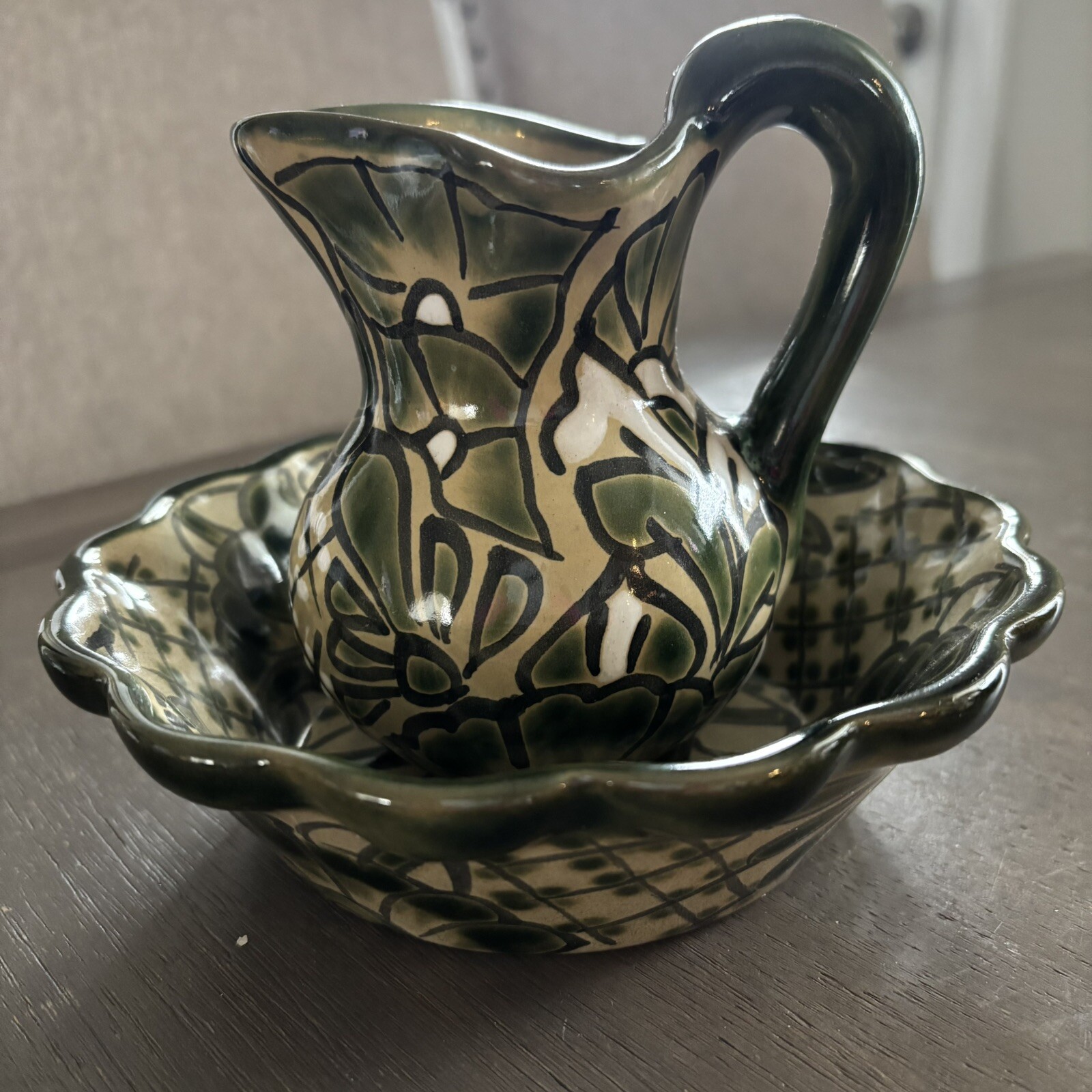 Mexico Hand Painted Green Clay Ceramic 5” Pitcher & Scallop 7” Bowl Set